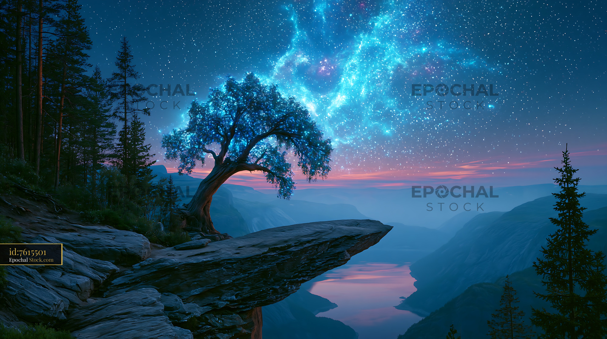 Glowing fantasy tree on Trolltunga cliff overlooking a fjord at night - stock photo