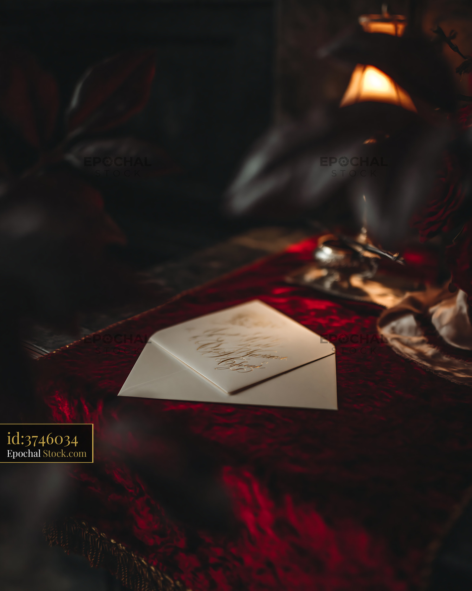 Elegant handwritten letter on red velvet in a theater setting - stock photo
