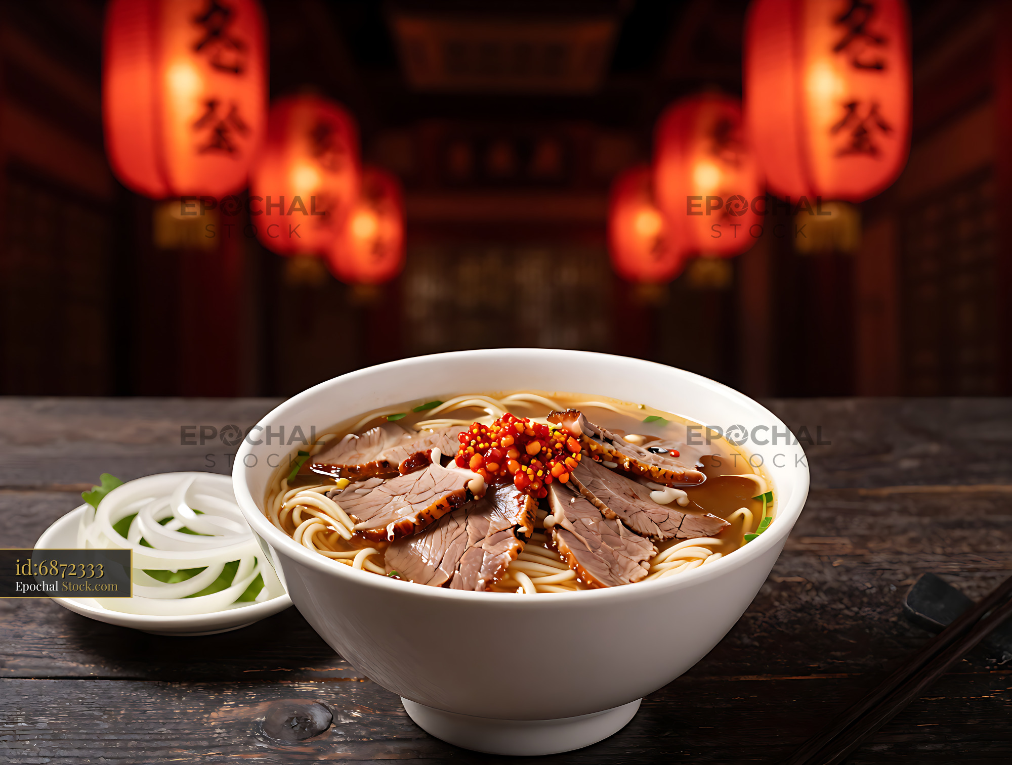 Traditional Hue Bun Bo Hue with Pork served in a cozy restaurant - stock photo