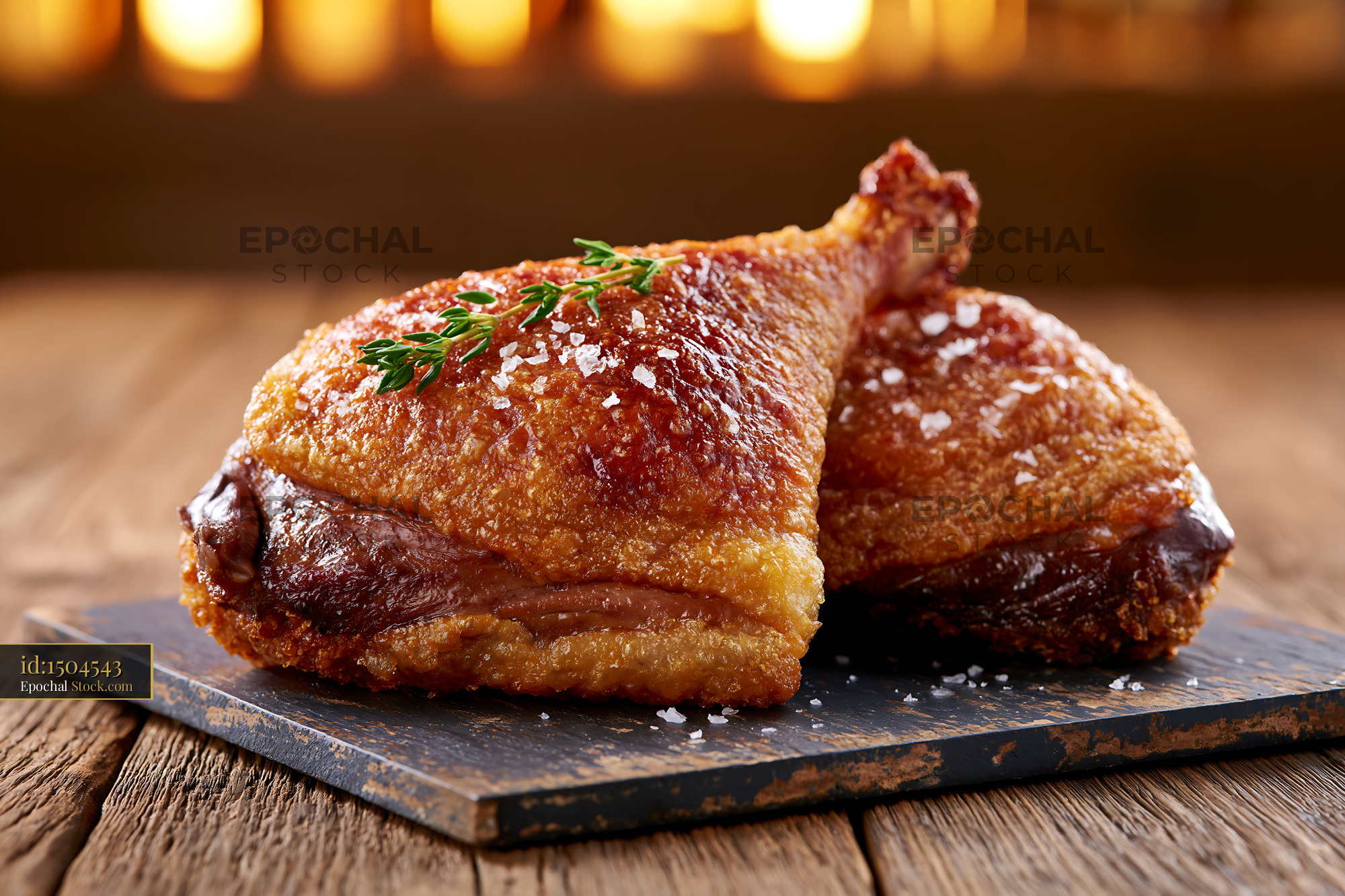 Crispy roasted duck confit legs with thyme and sea salt on rustic boar - stock photo