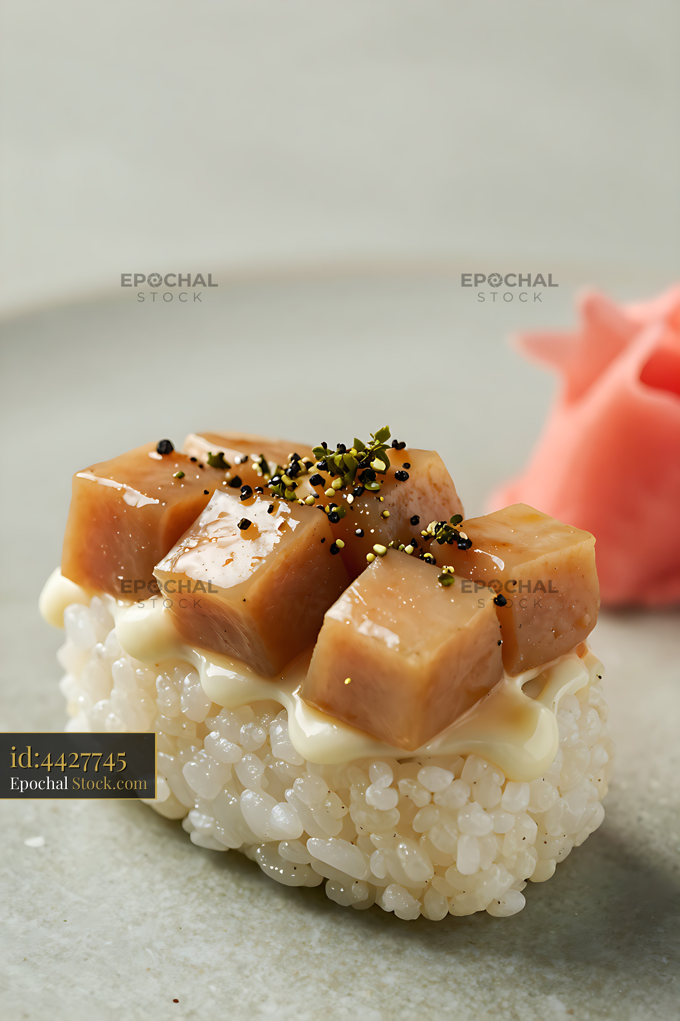 Kakuni Inari sushi with glazed pork belly and creamy sauce - stock photo