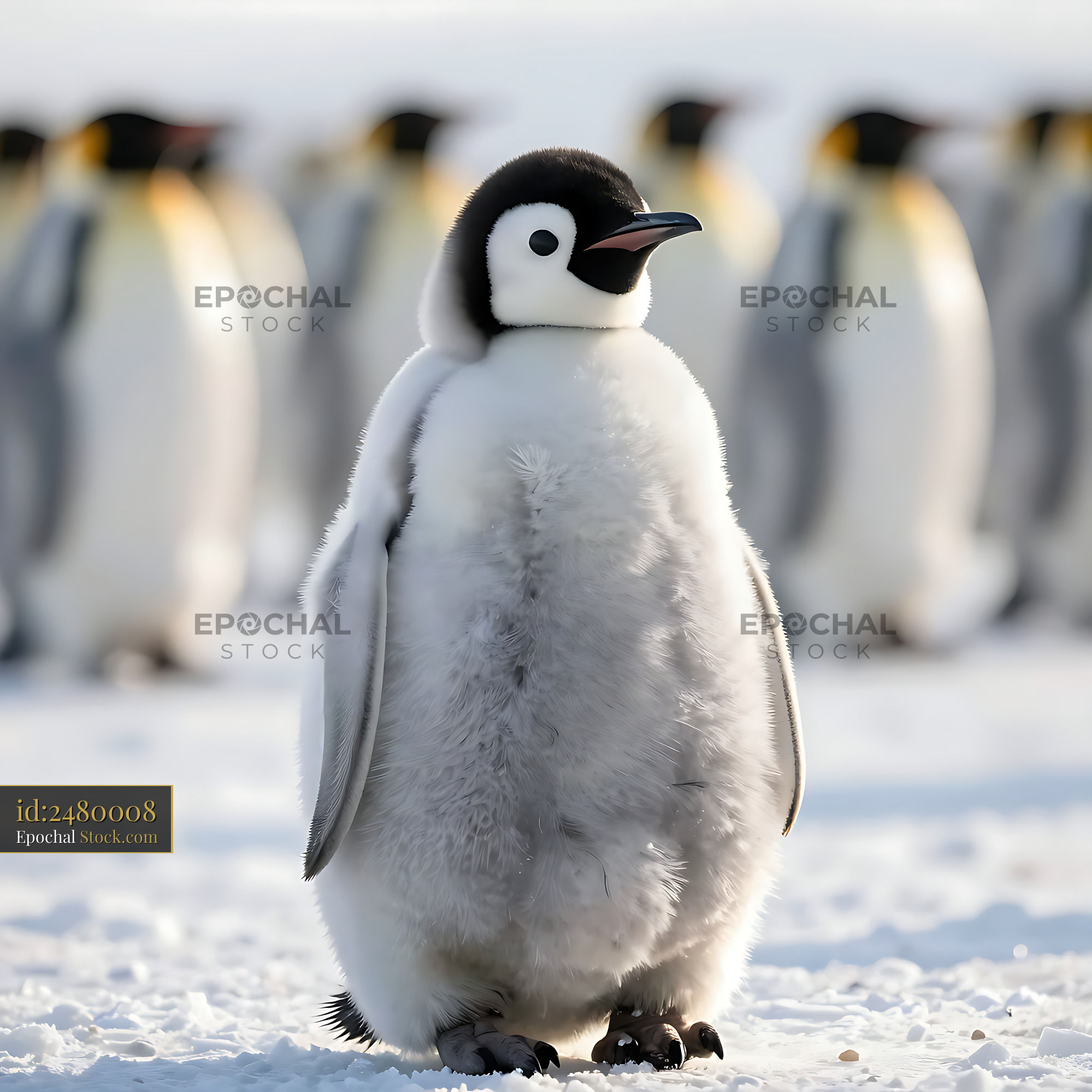 Fluffy emperor penguin chick standing in the snow with colony - stock photo