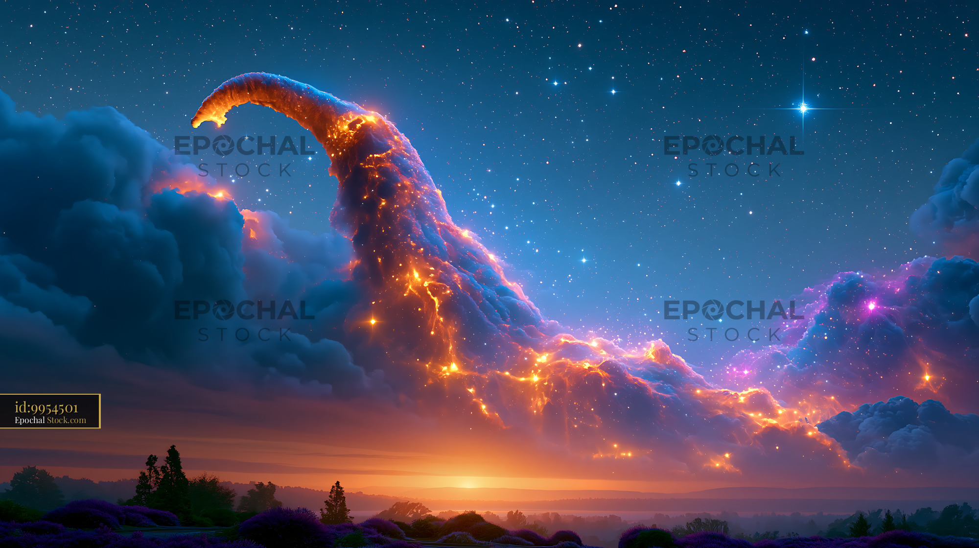 Artistic interpretation of IC 1396 elephant trunk nebula at sunset - stock photo