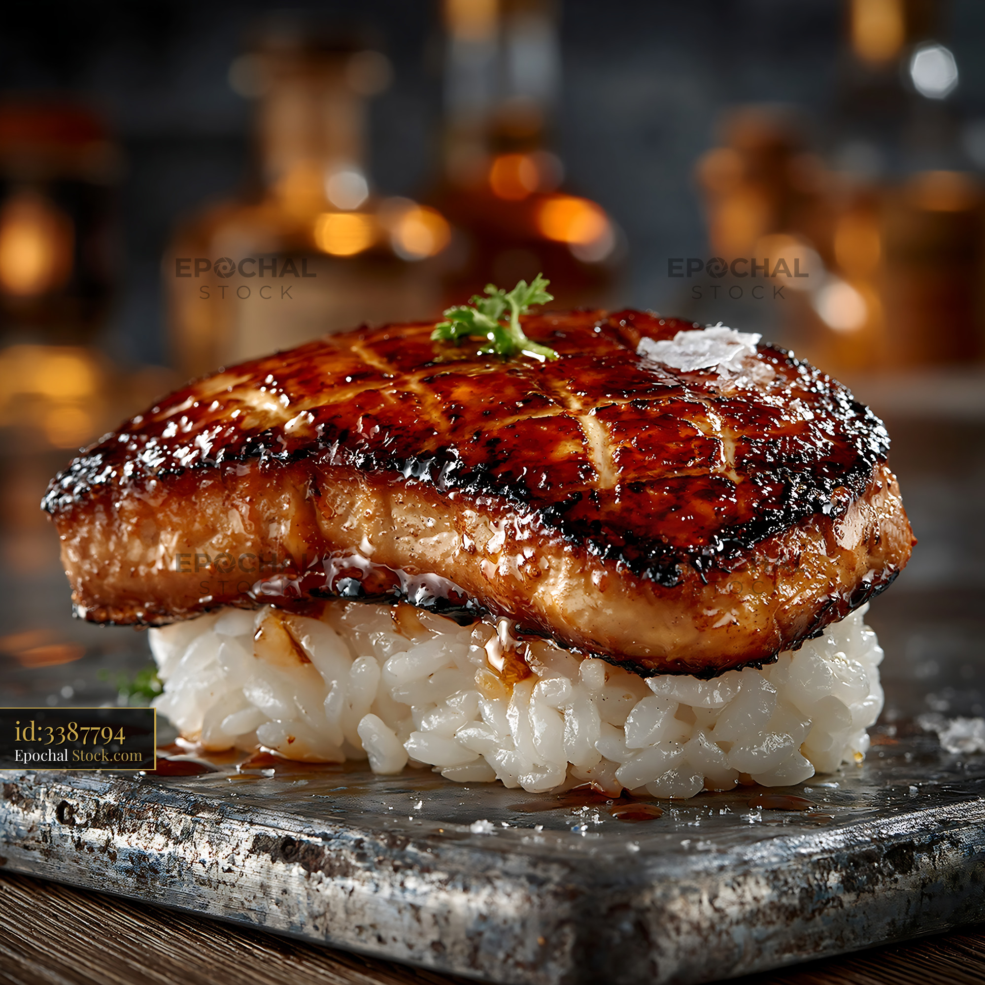 Seared foie gras nigiri sushi with glaze and sea salt - stock photo