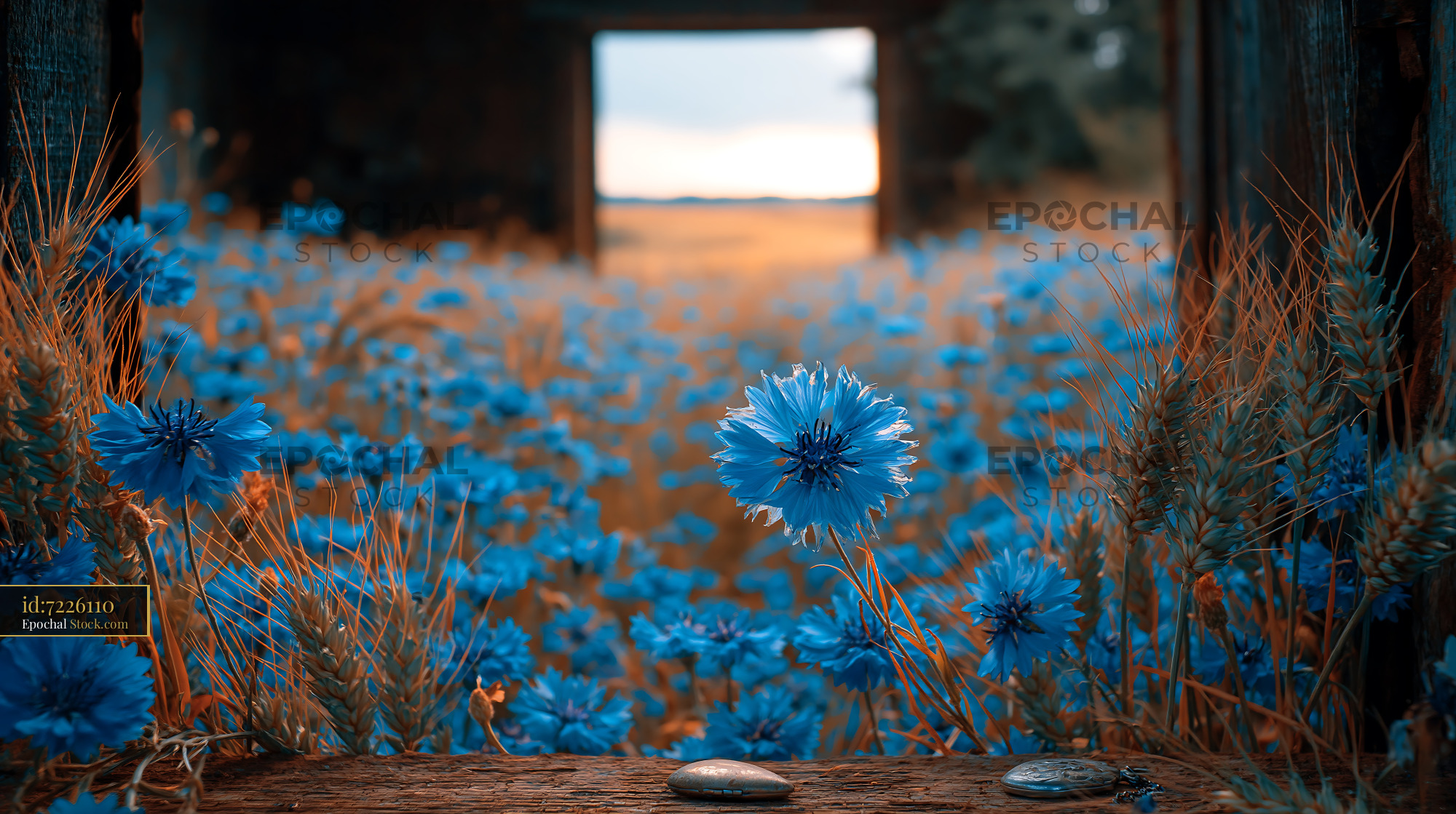 Blue cornflowers and wheat field seen through a rustic barn door
