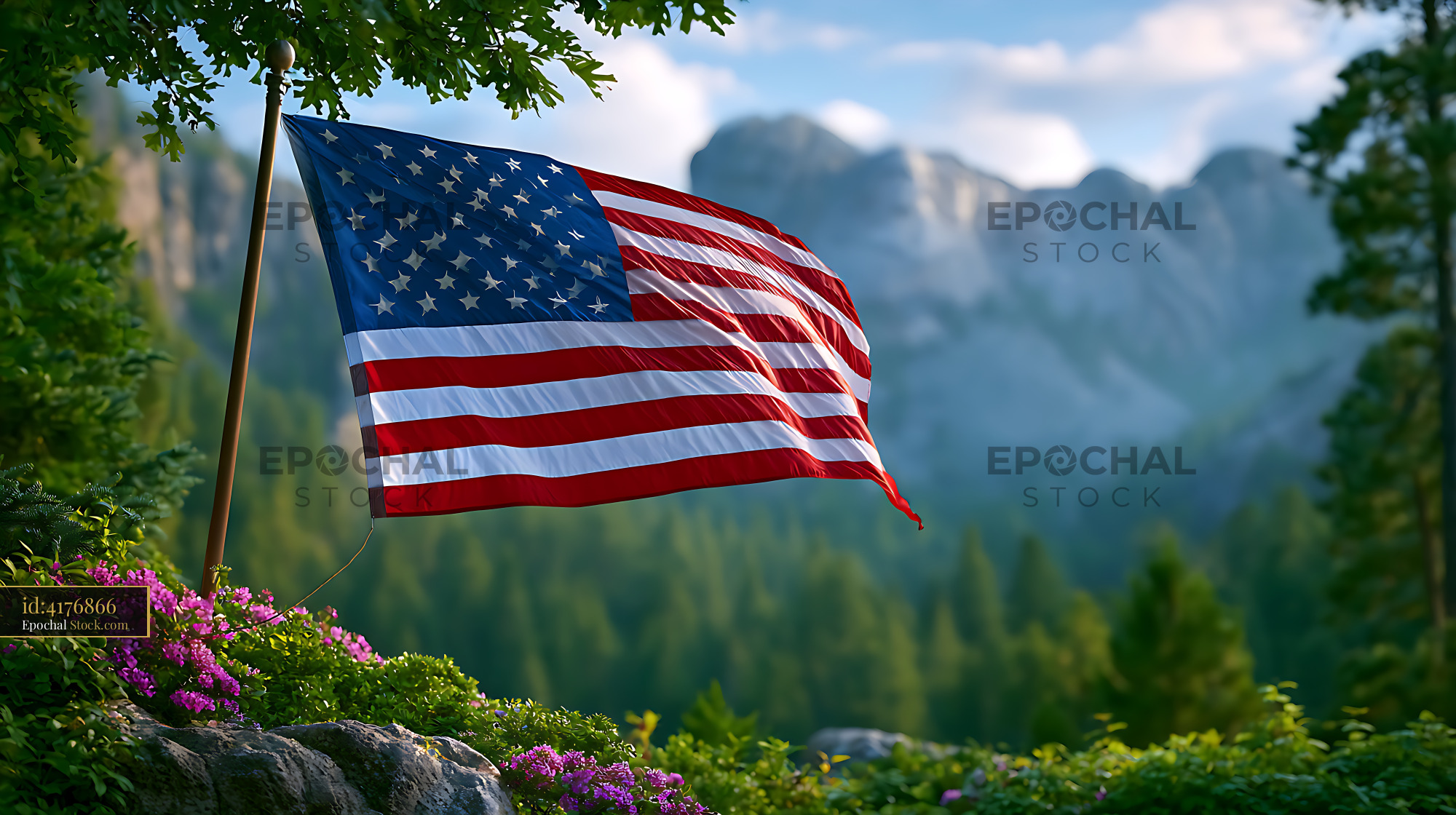 American flag waving in front of Mount Rushmore and forest landscape - stock photo