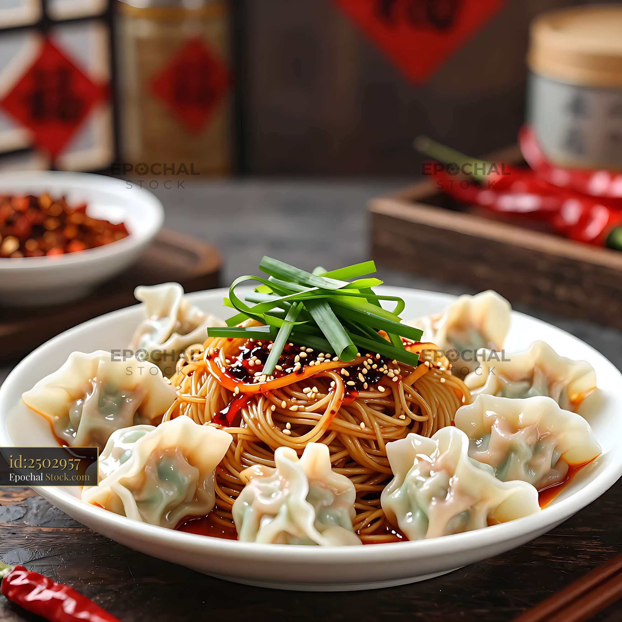Zhu Sheng Yun Tun Mian with handmade wontons and spicy chili oil - stock photo