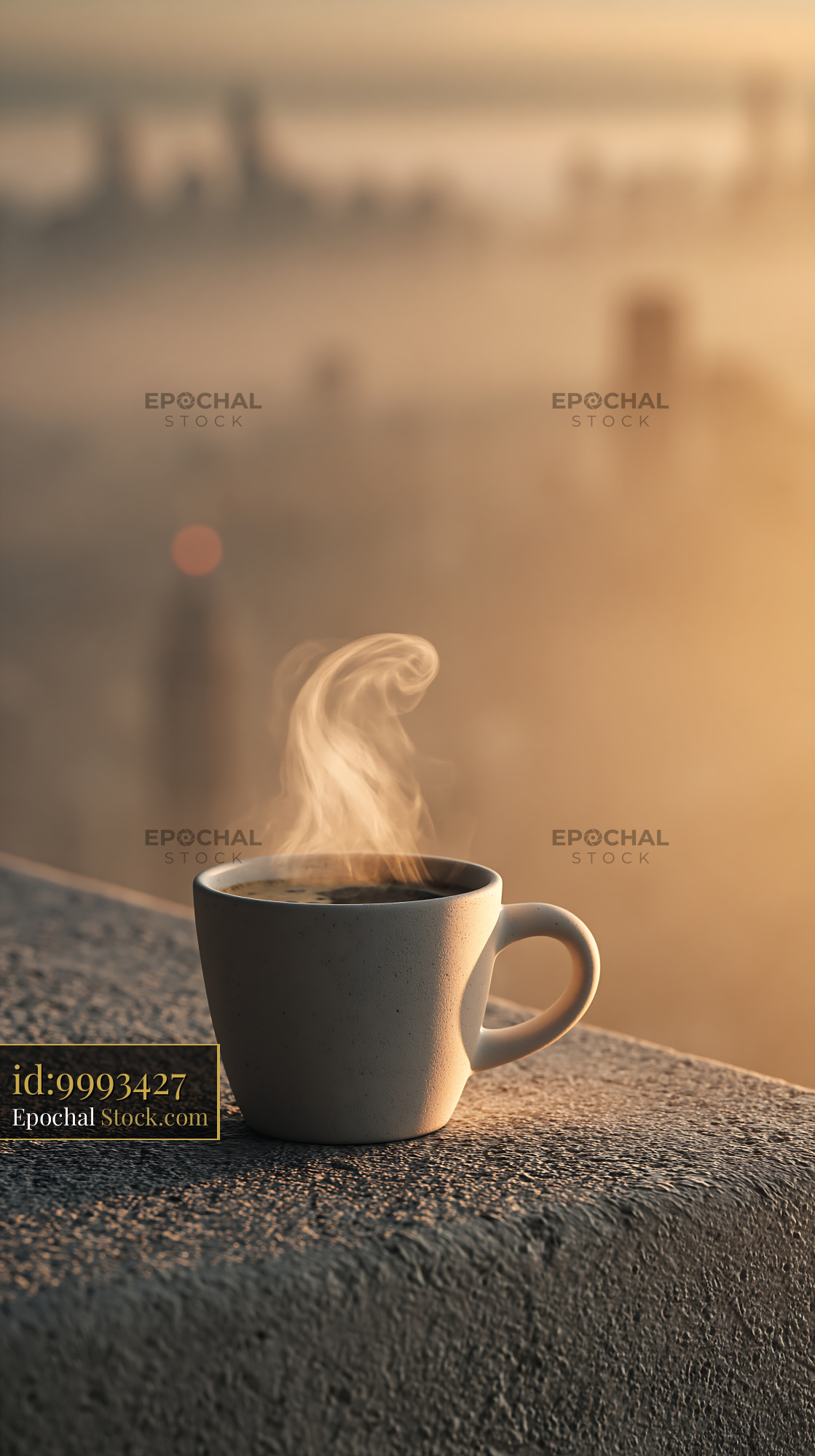 Steaming coffee cup on balcony overlooking foggy city at sunrise - stock photo