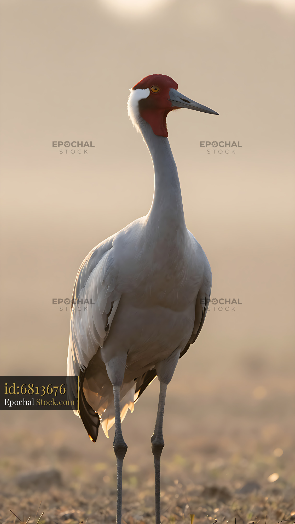 Wattled crane standing in a misty field at sunrise - stock photo