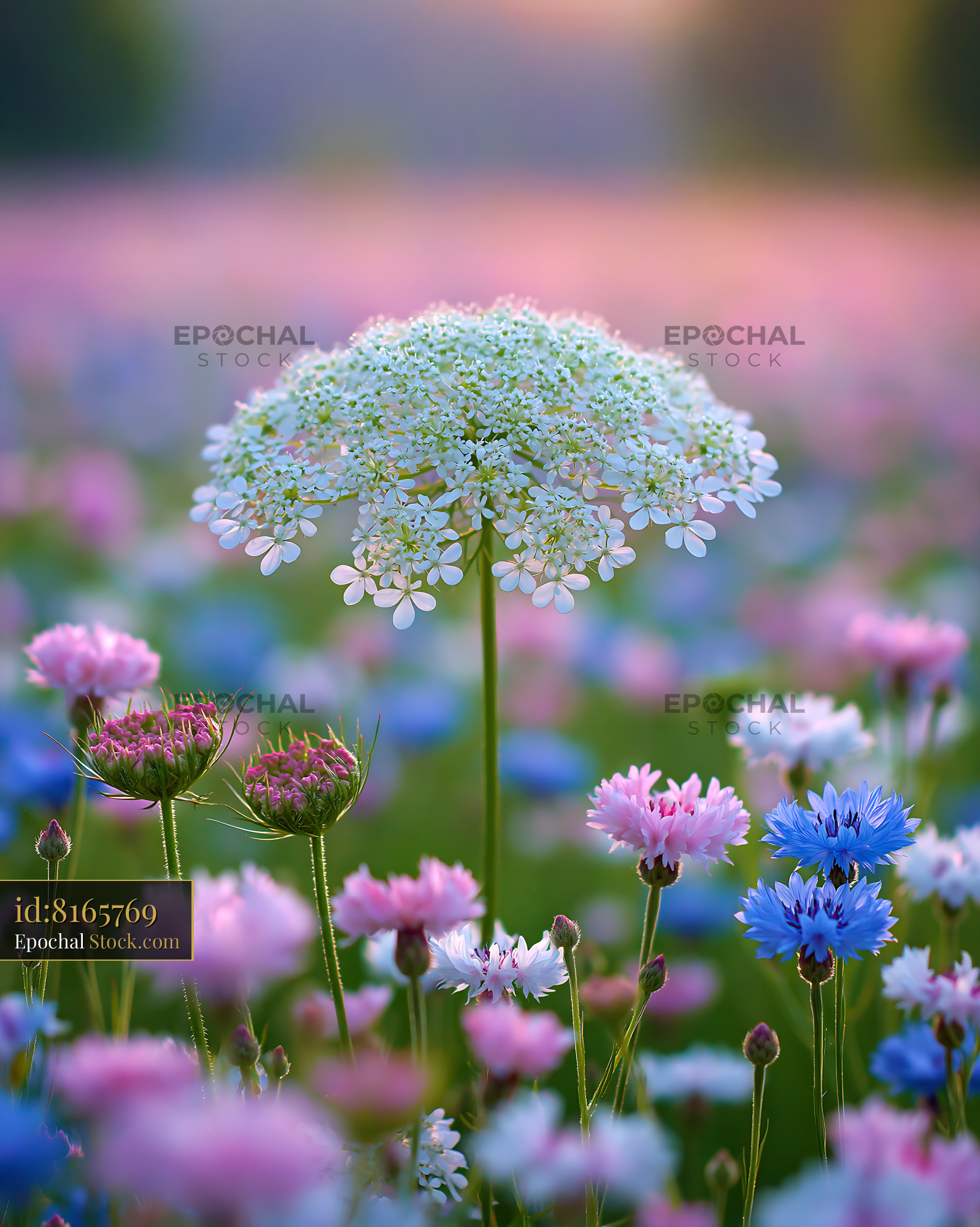 Delicate white lace flower in a colorful spring meadow at sunset - stock photo