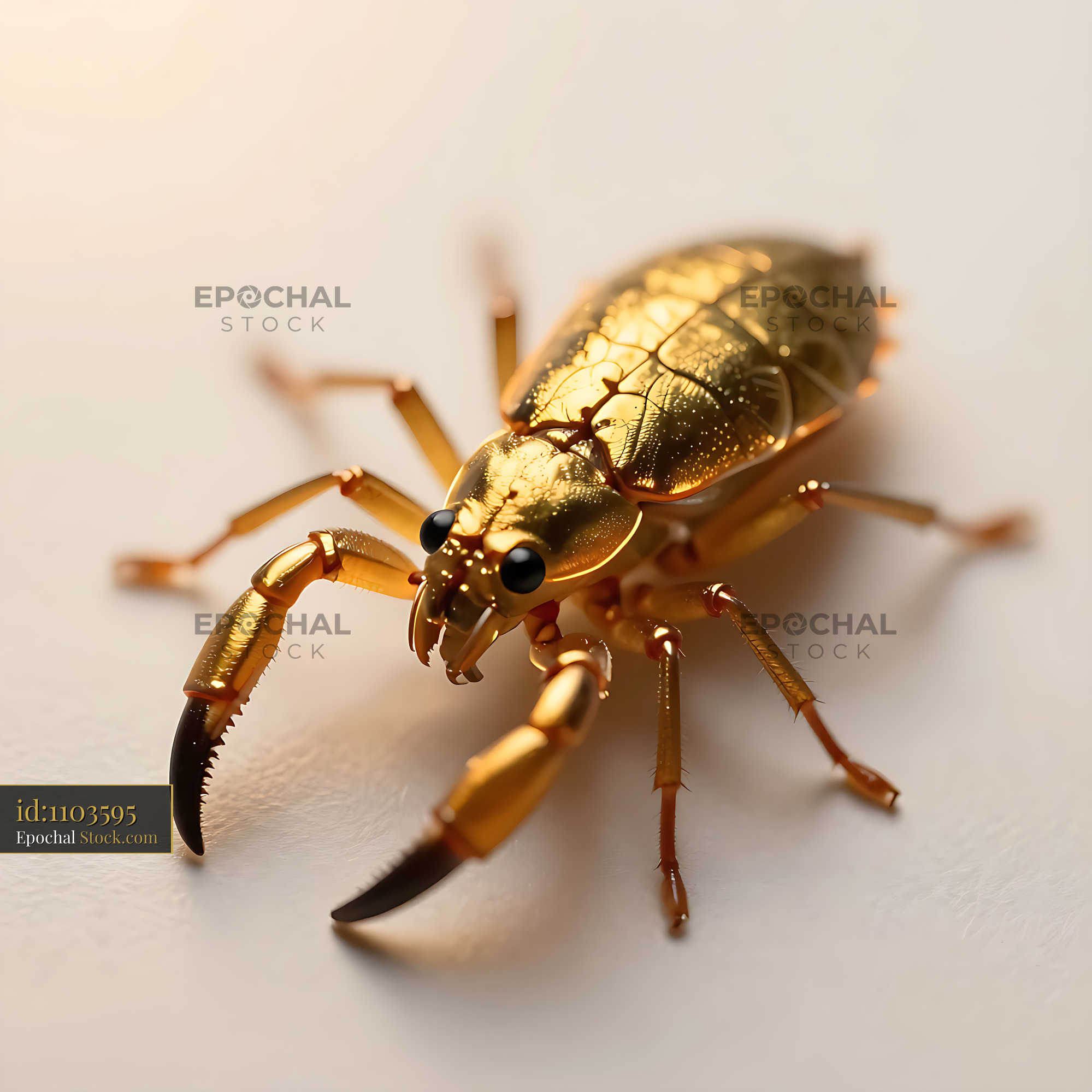 Golden Allotopus rosenbergi beetle with metallic shell and sharp pince - stock photo