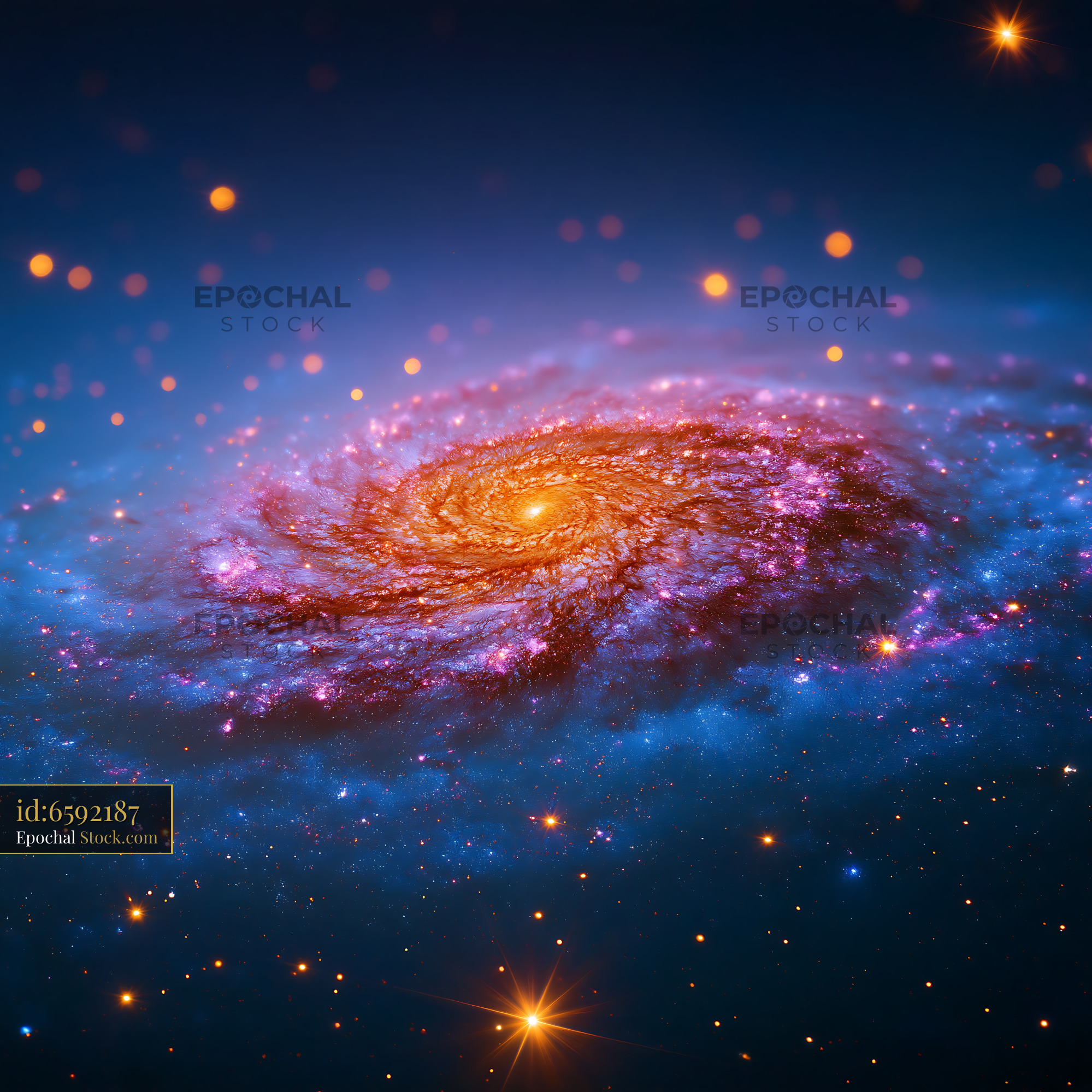 Vibrant spiral galaxy with a glowing orange core and purple star clust - stock photo