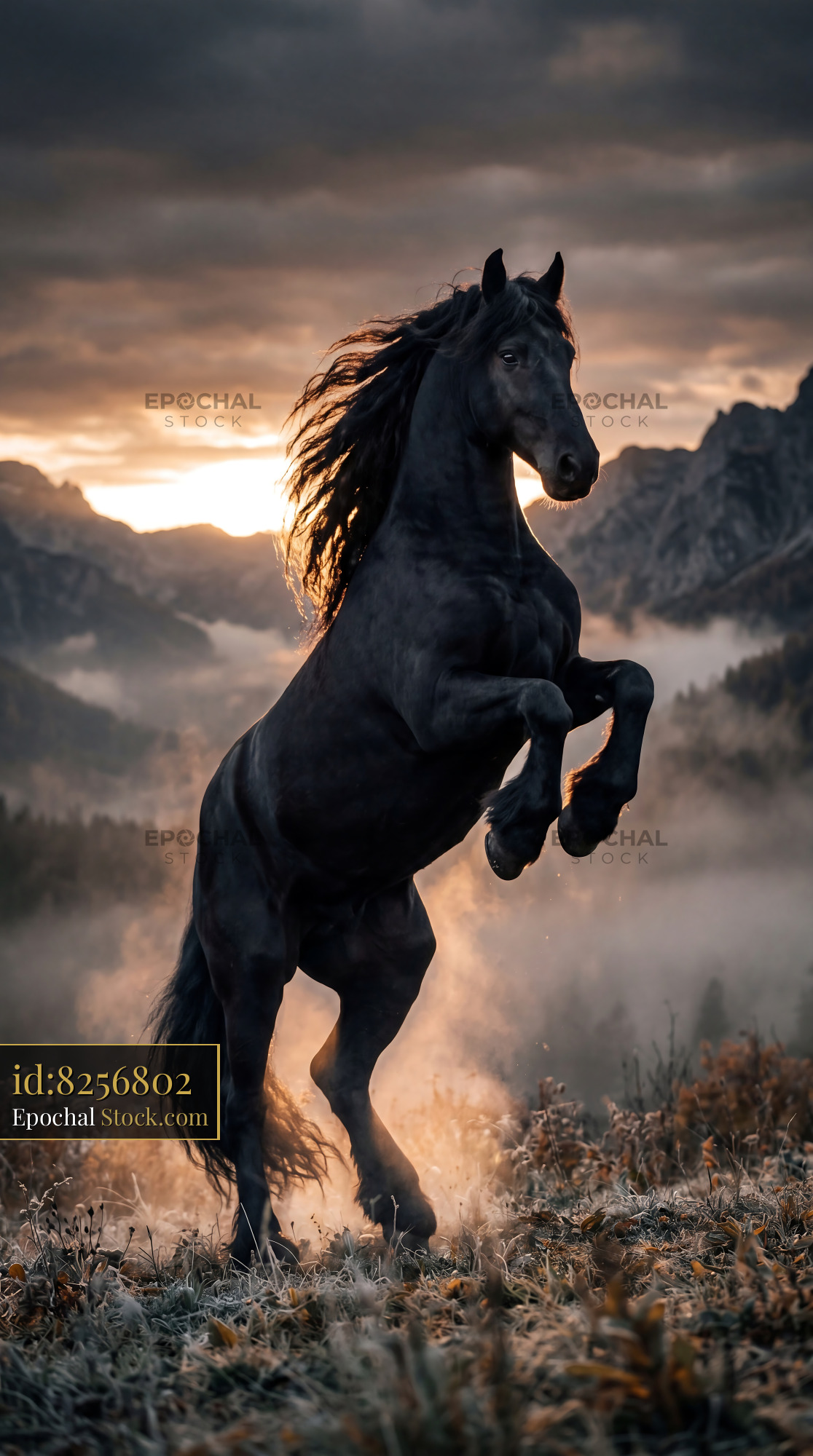 Majestic black horse rearing up in the mountains at sunrise - stock photo