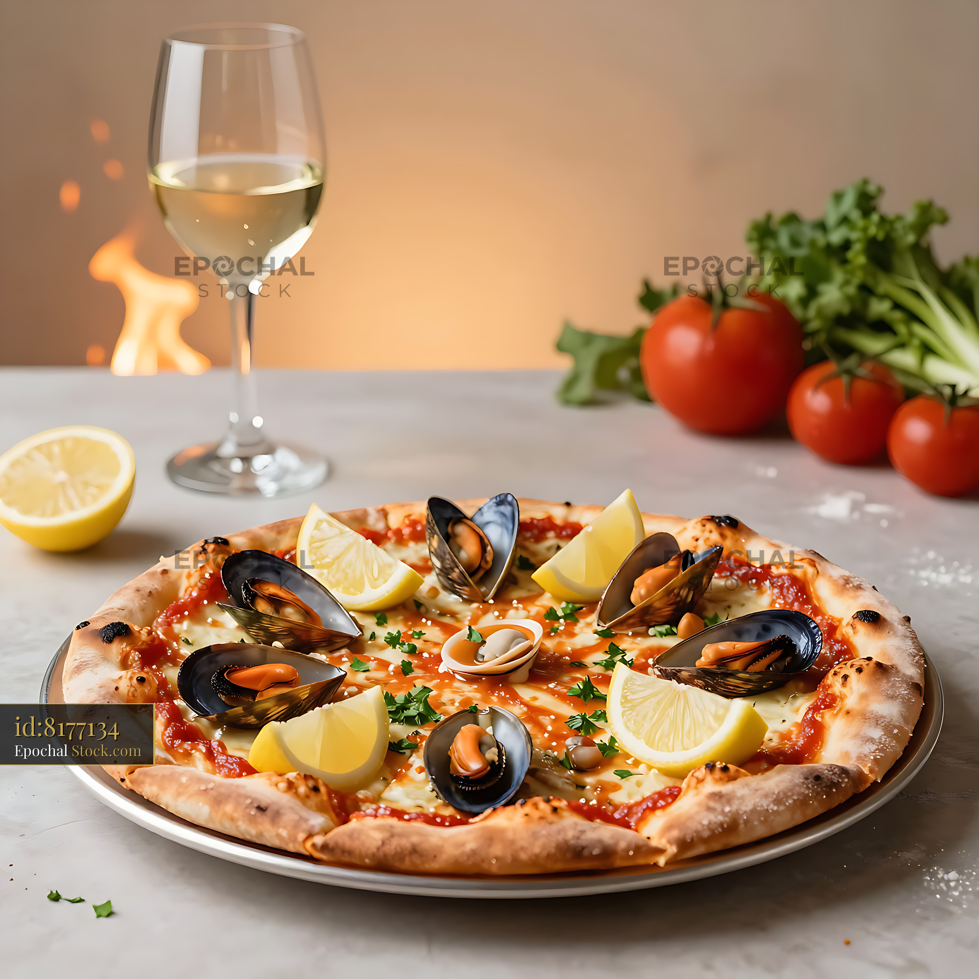 Chilean pizza mariscos with fresh mussels and lemon served with wine - stock photo