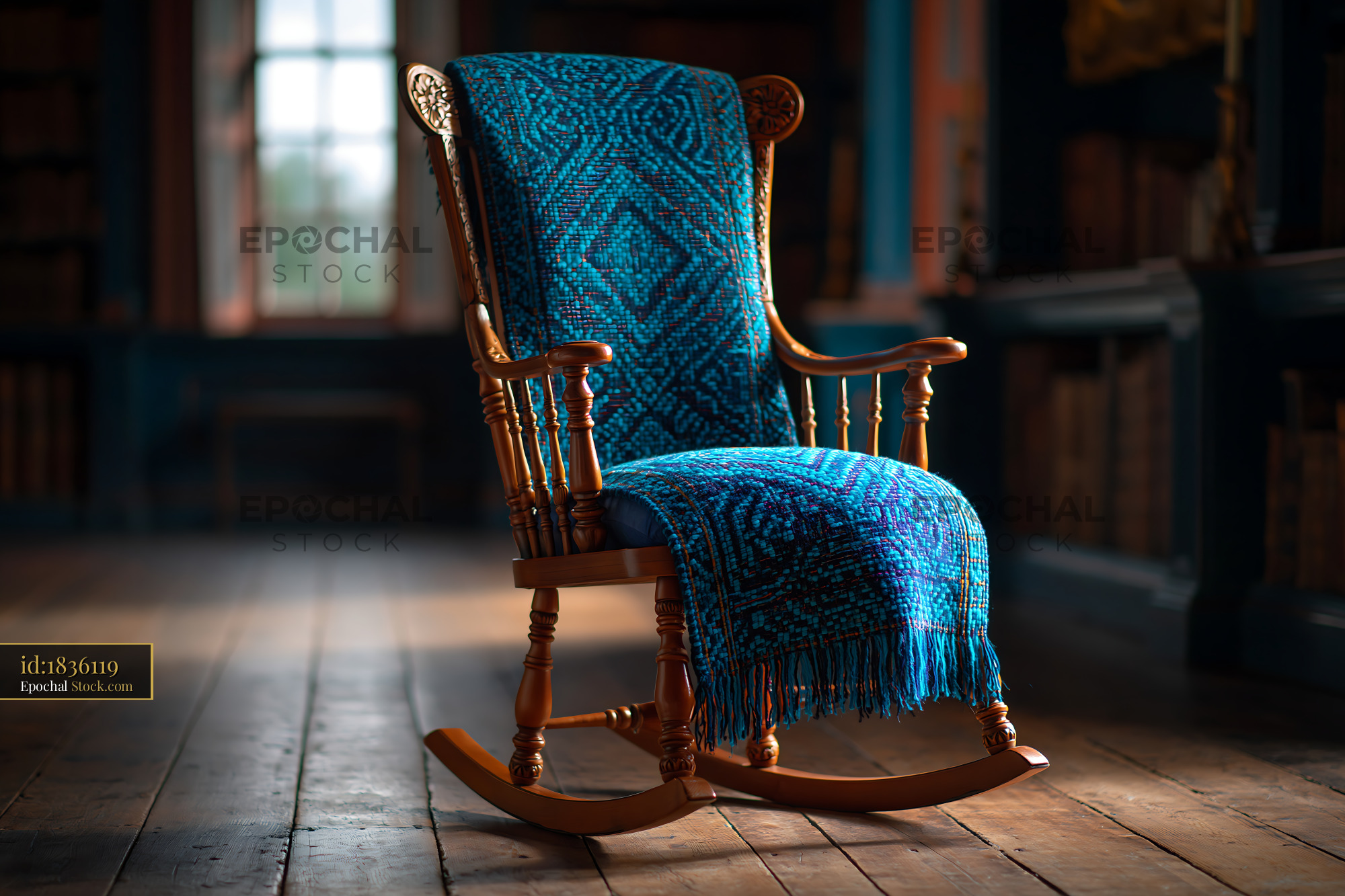 Vintage wooden rocking chair with blue patterned throw in a library