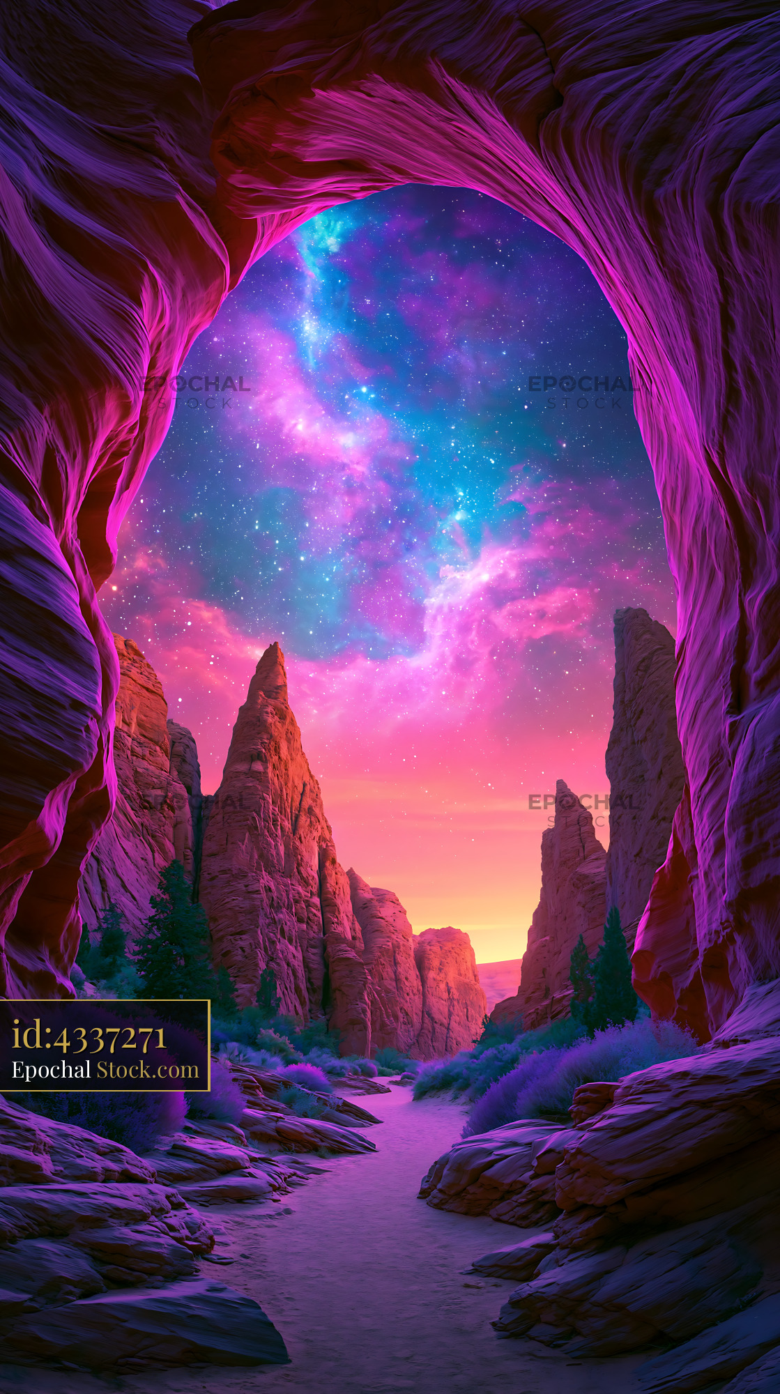 View from a purple slot canyon towards a cosmic night sky with stars - stock photo