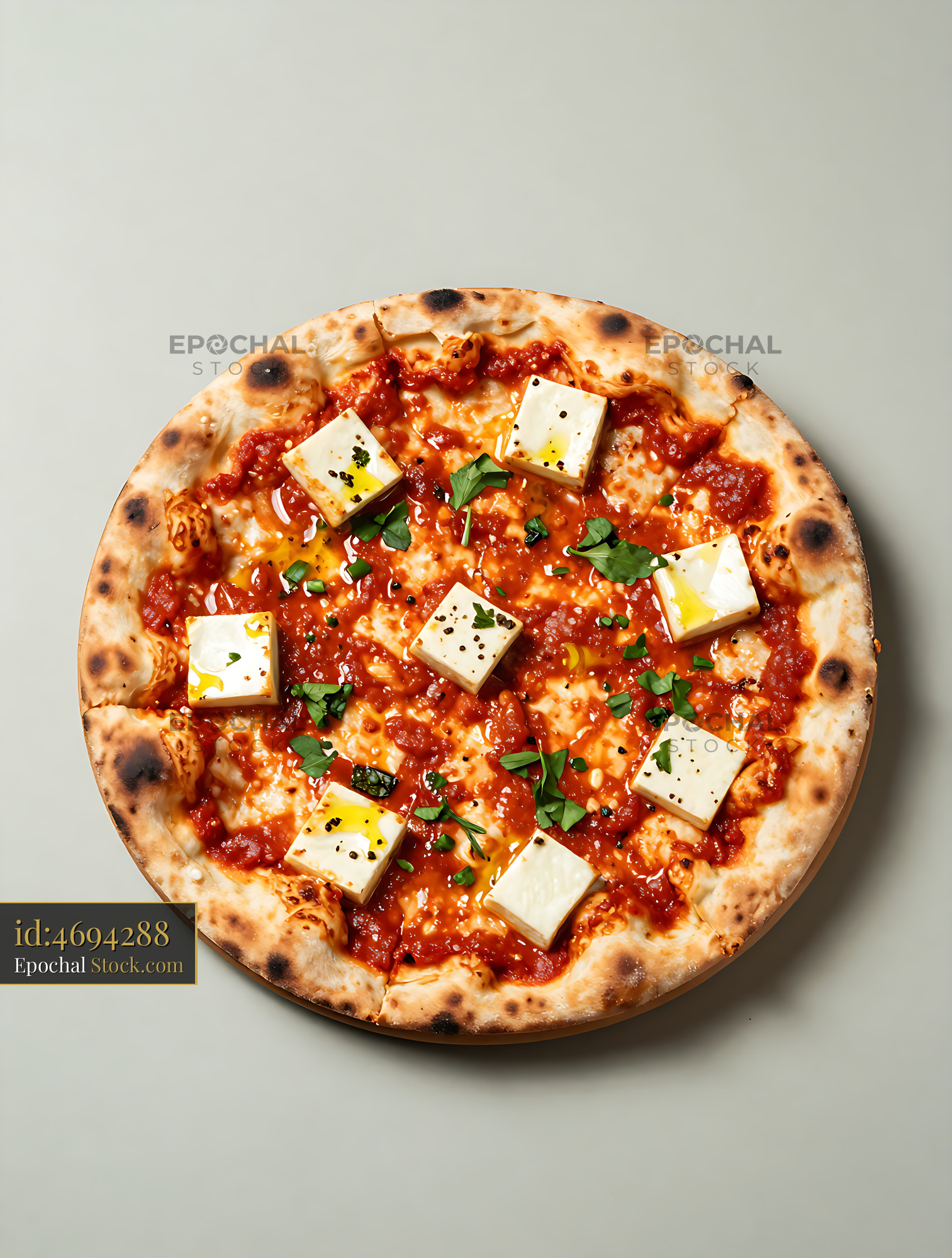 Indian Tandoor Naan Pizza topped with paneer cubes and fresh herbs - stock photo