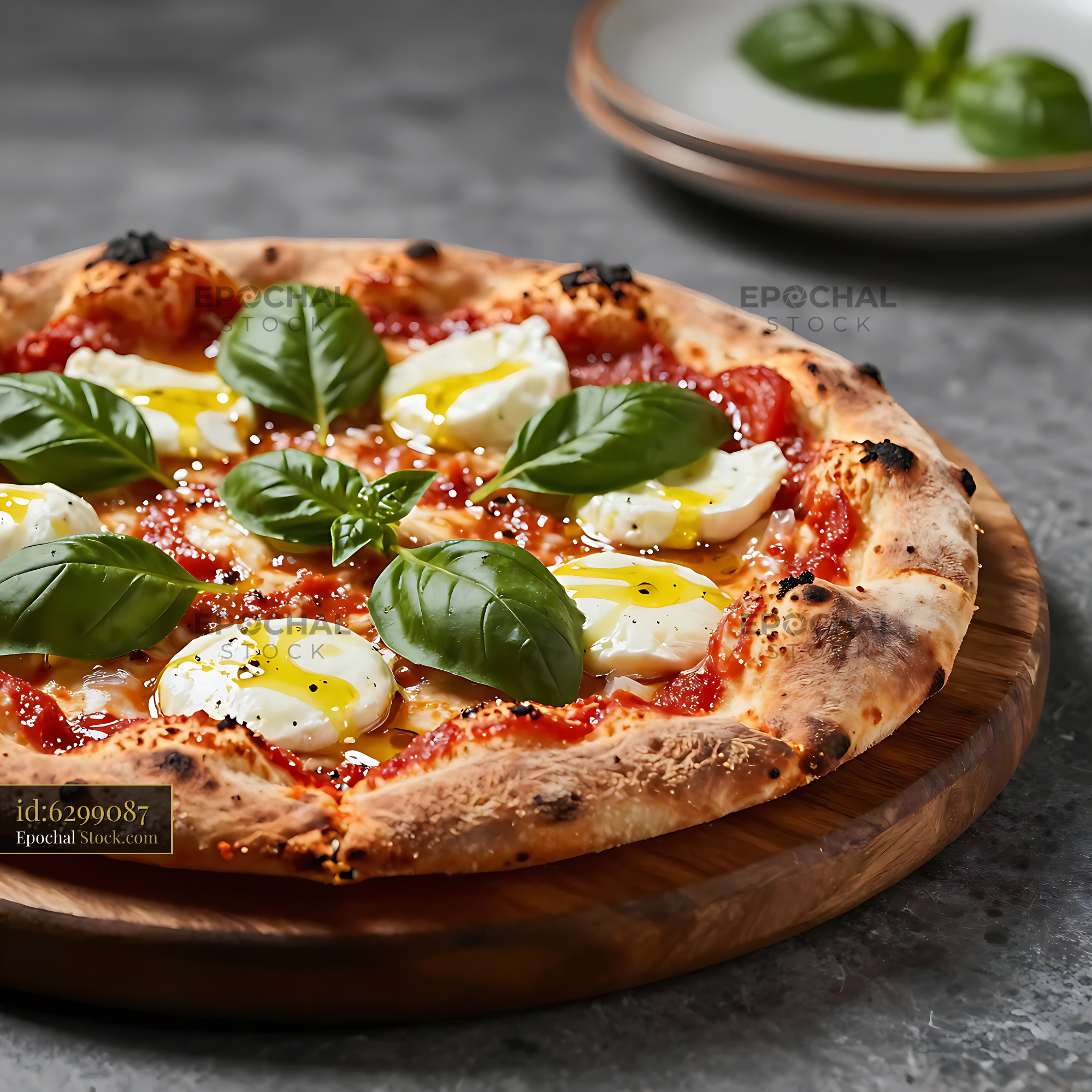 Pizza padellino torinese with fresh mozzarella and basil on wood - stock photo