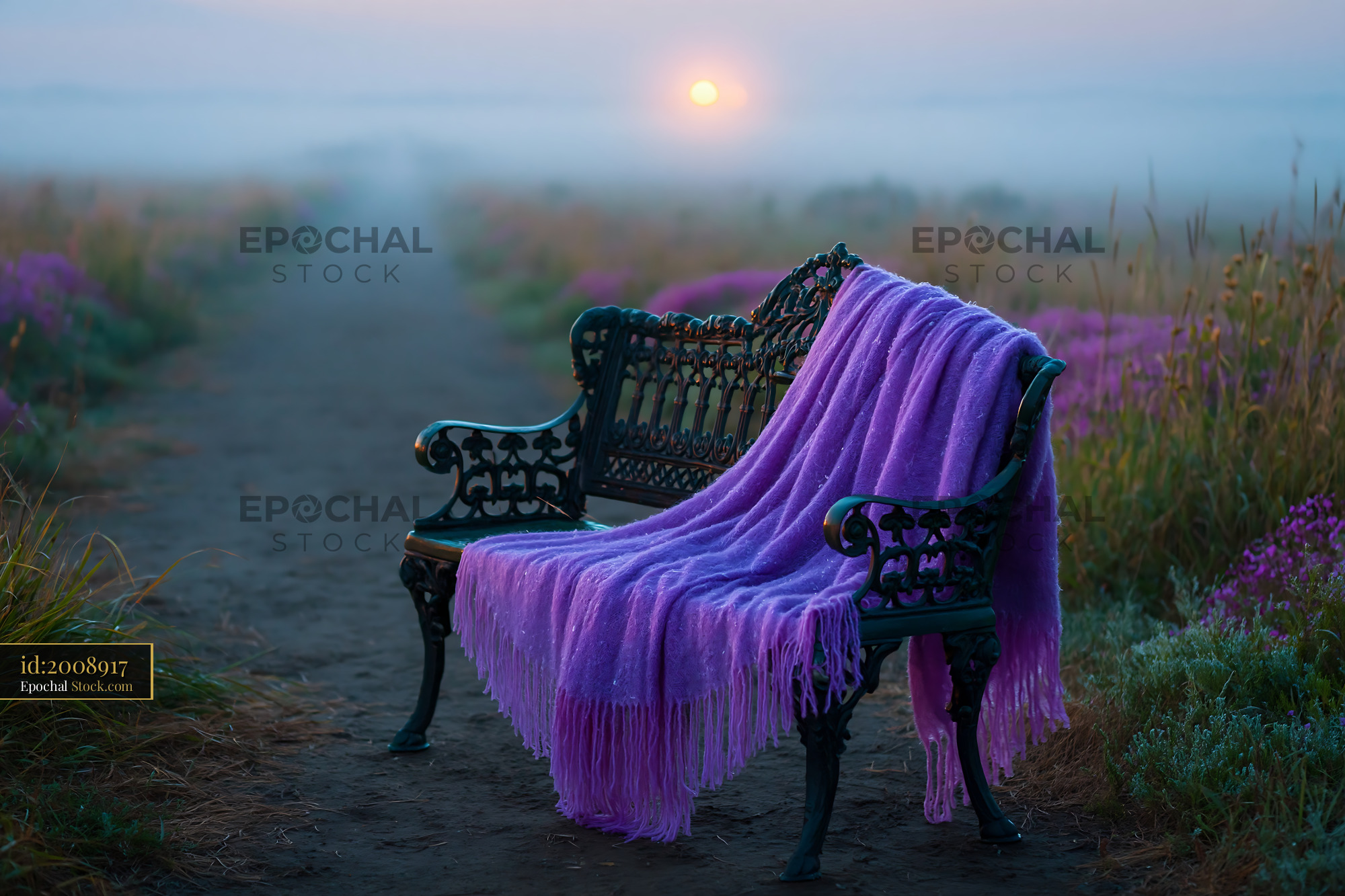 Ornate garden bench with purple wool blanket at misty sunrise - stock photo