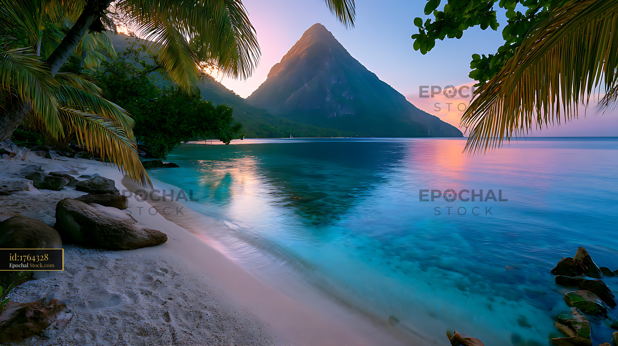 Tropical beach with palm trees and a view of the Piton mountain at sun - stock photo