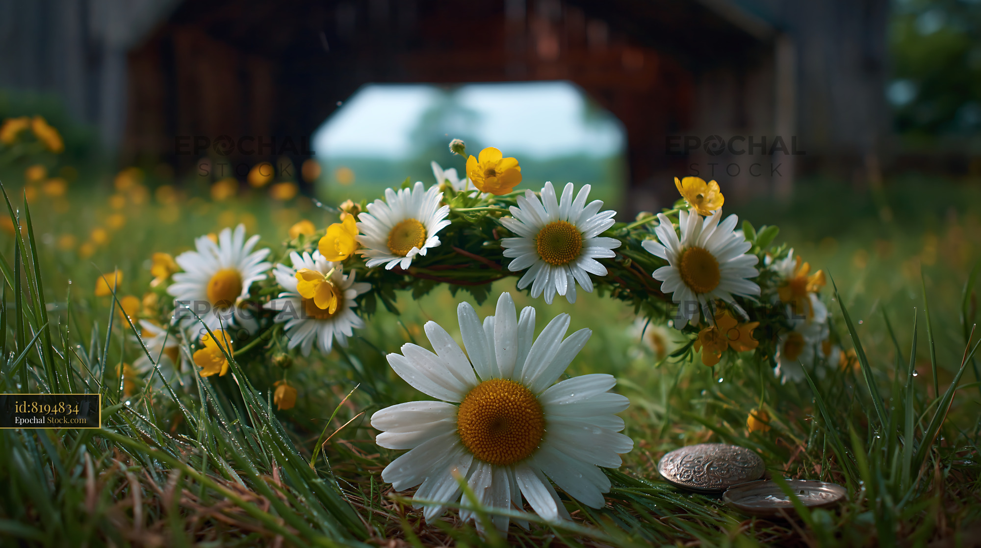 Daisy flower crown and vintage pocket watch on green meadow grass