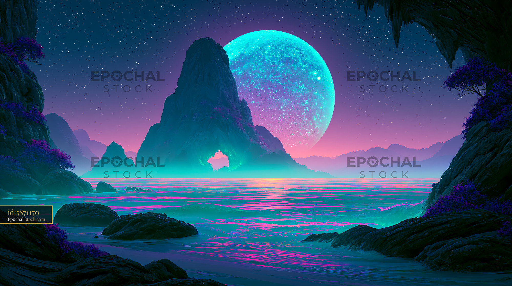 Surreal outback night with glowing turquoise moon over ocean - stock photo