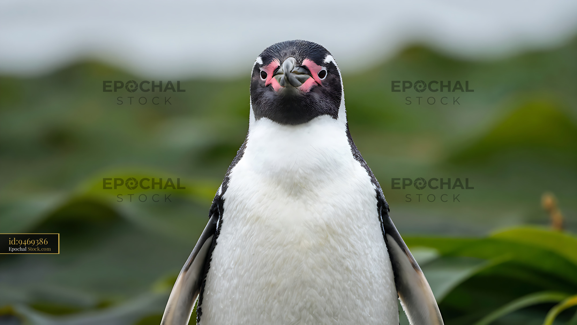 Humboldt penguin looking directly at camera in lush green habitat - stock photo