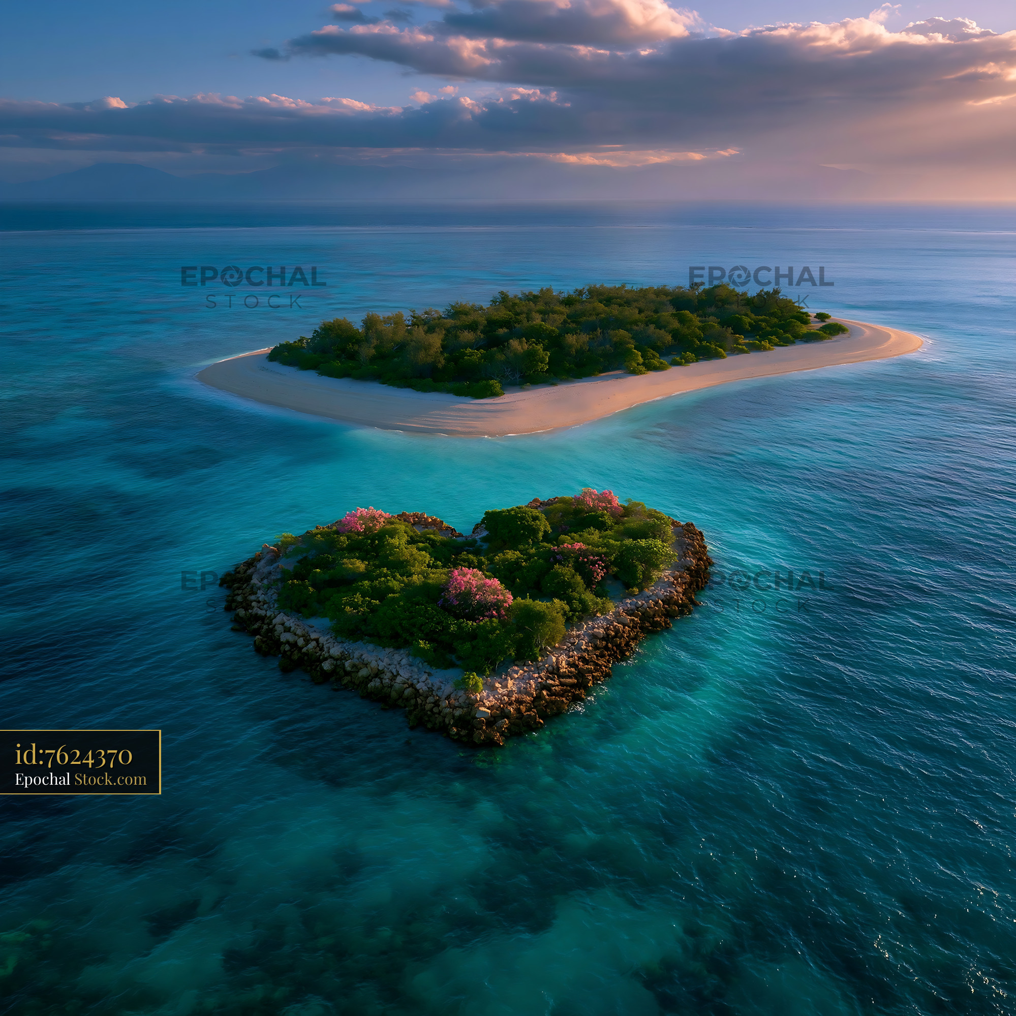 Heart shaped tropical island and sandbank in Maldives at sunset - stock photo