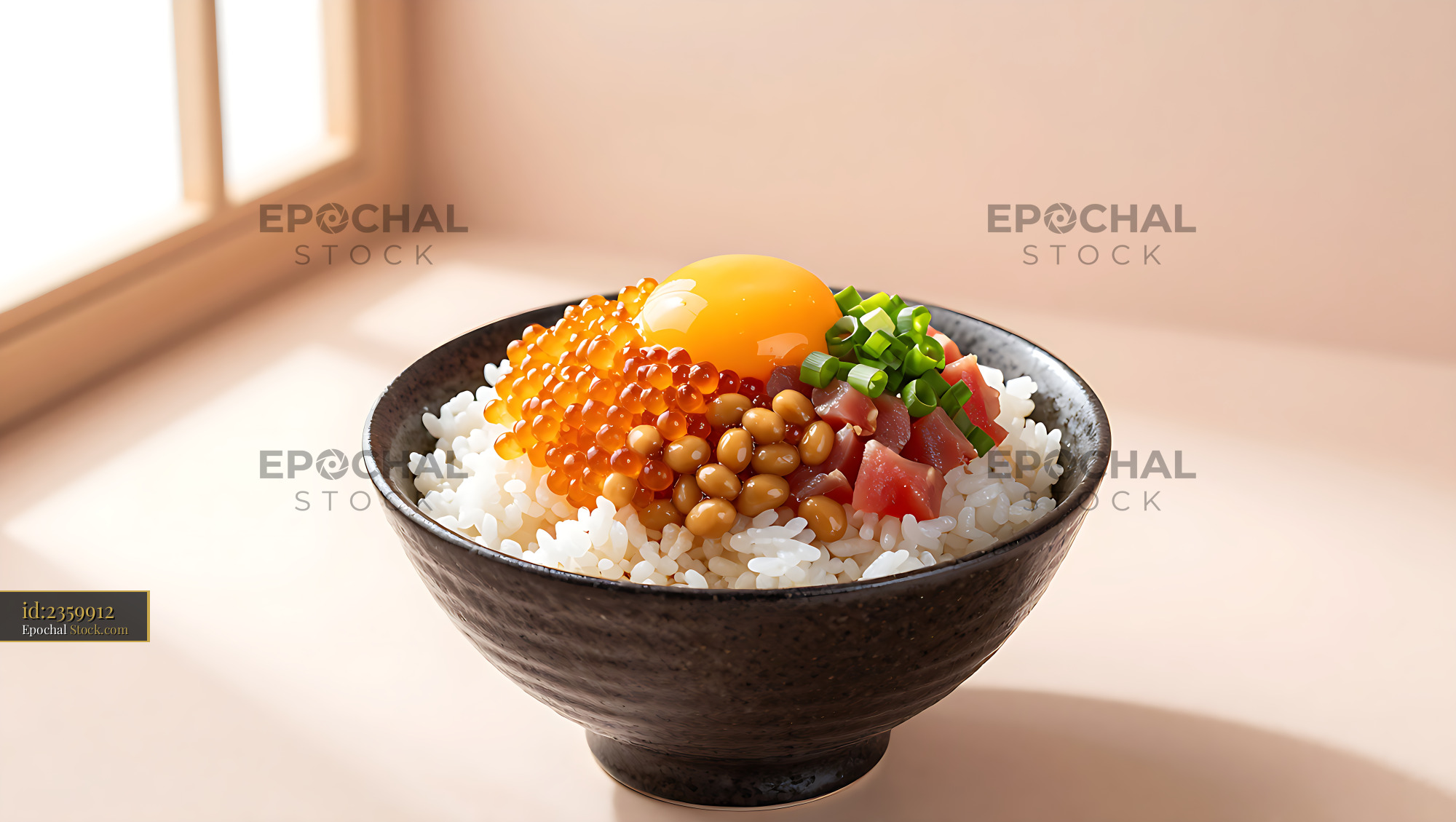 Bakudan Chirashi rice bowl with natto, salmon roe, tuna, and egg yolk - stock photo