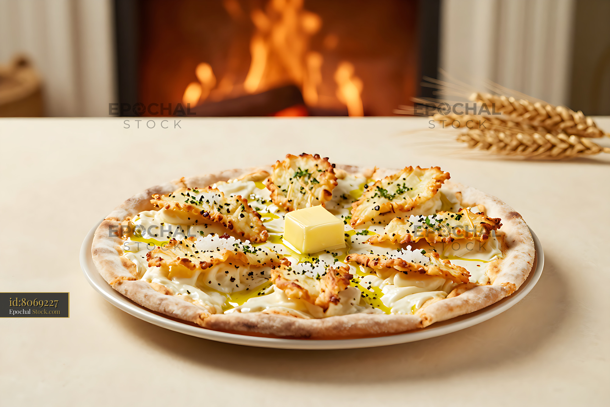 New Zealand whitebait pizza with melting butter served by a fireplace - stock photo