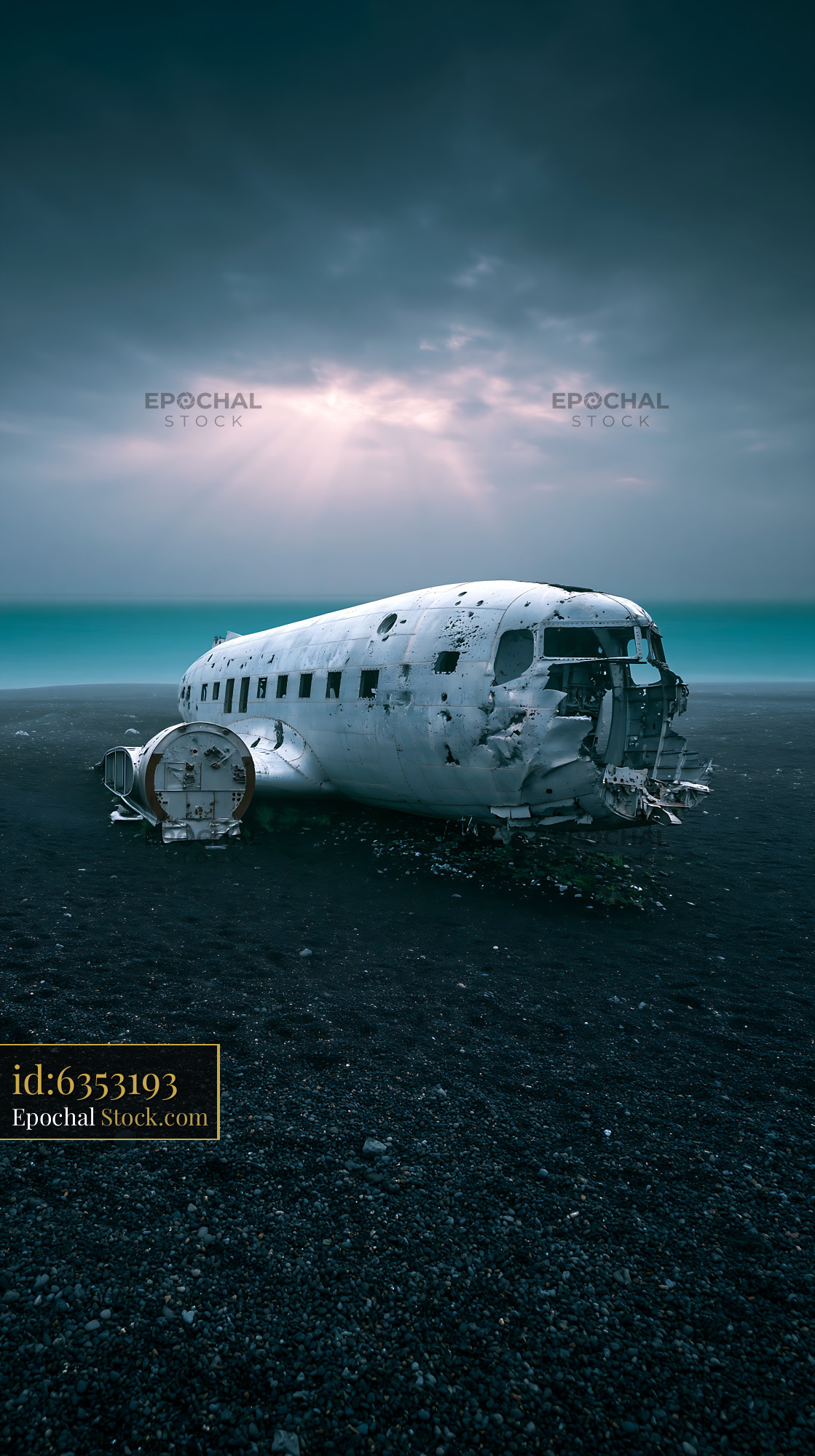 Abandoned airplane wreckage on a black sand beach under dramatic sky - stock photo