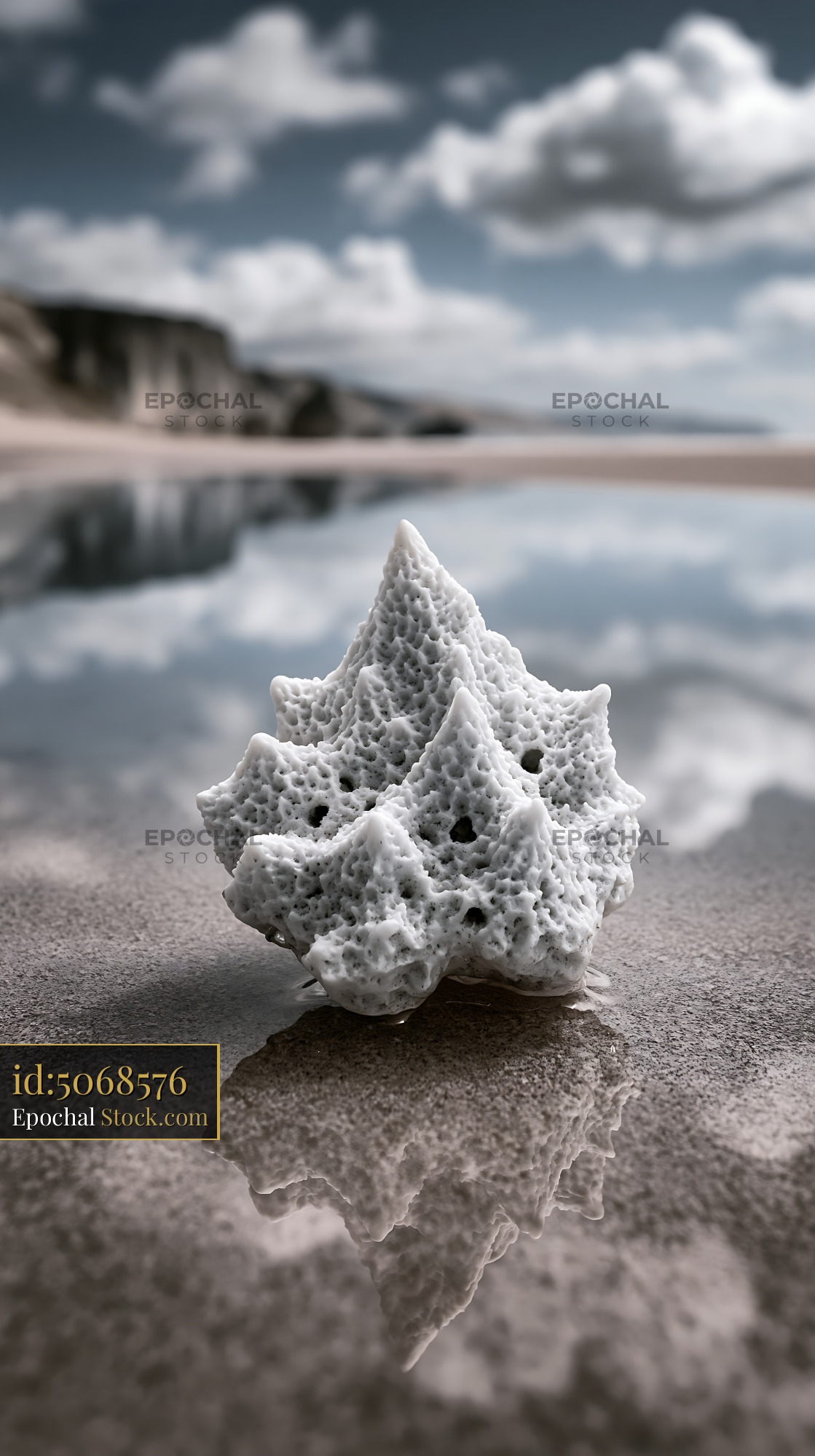 White coral structure on wet sand with reflection at the beach