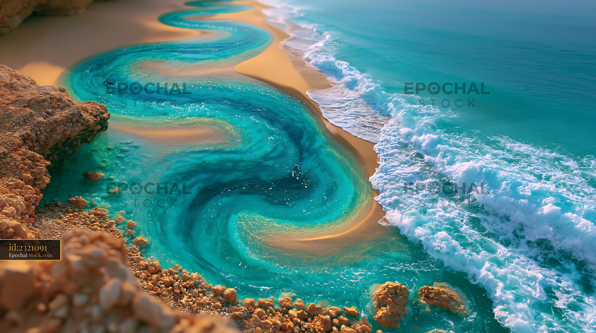 Aerial view of a turquoise paisley sandbar along a tropical coastline - stock photo