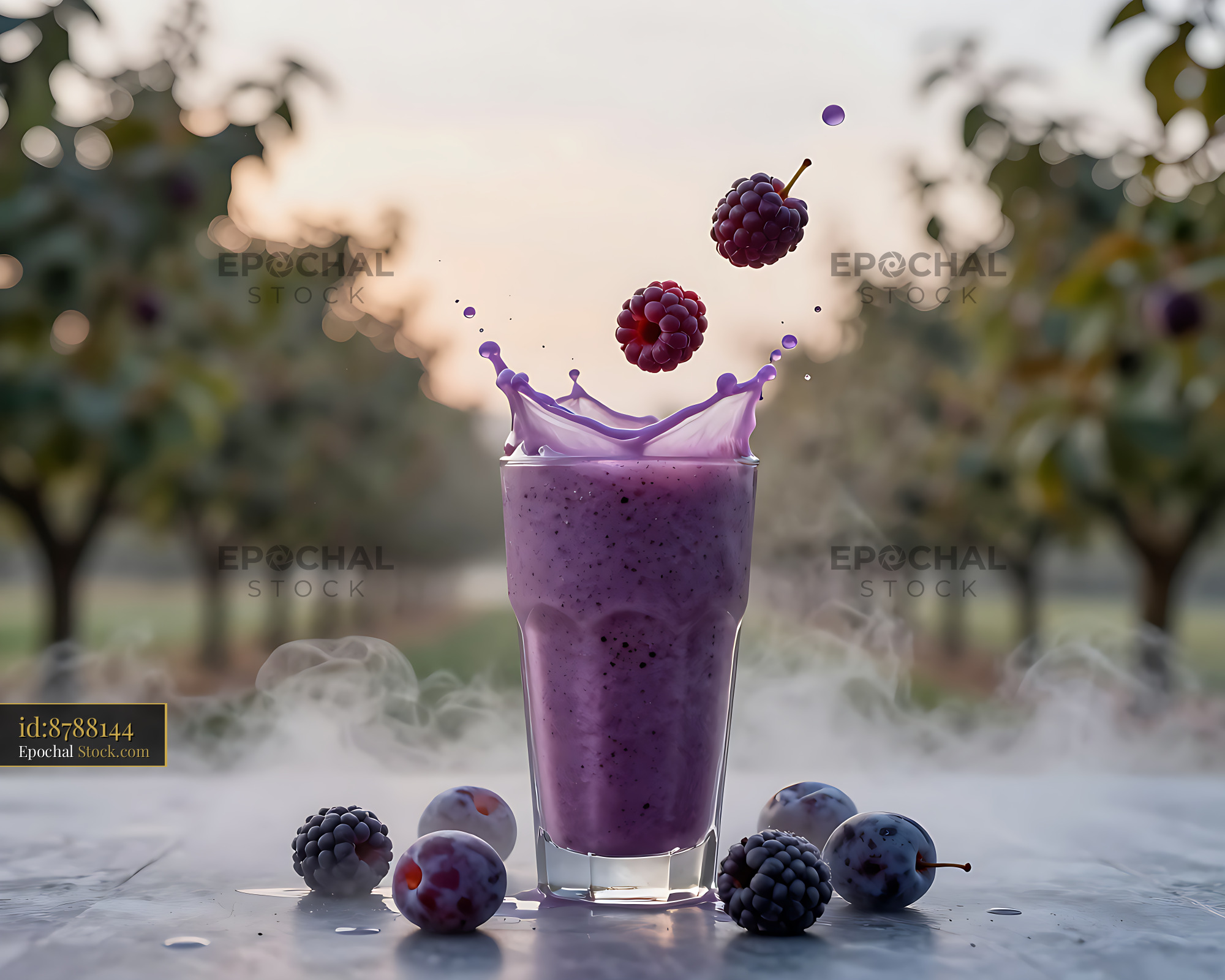 Fresh damson dewdrop smoothie with berry splash in a misty orchard - stock photo