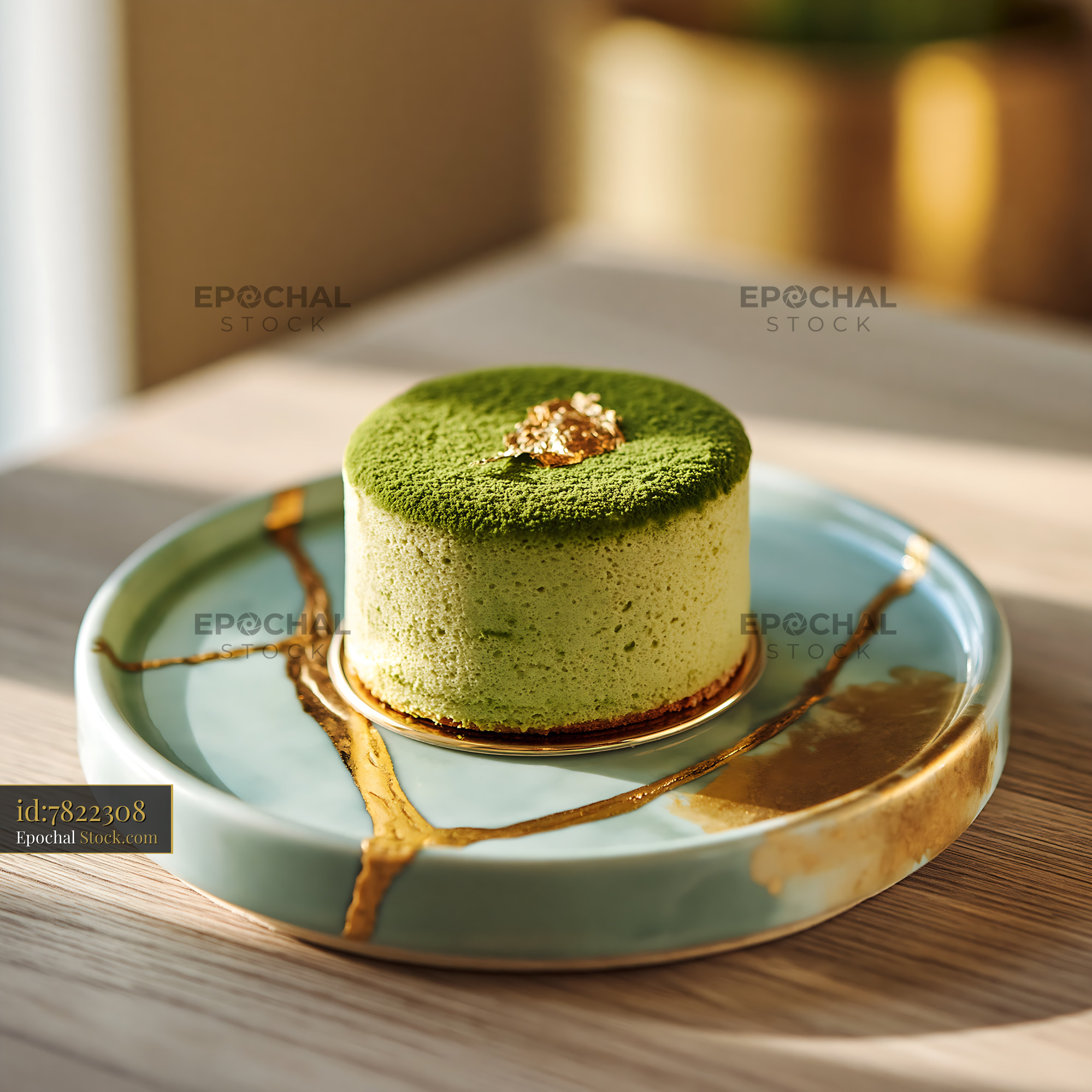 Matcha mousse cake with gold leaf on a kintsugi ceramic plate - stock photo