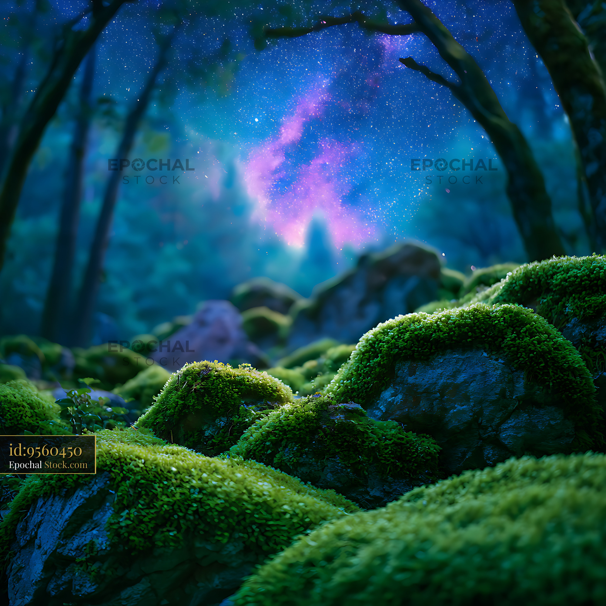 Moss covered rocks in a mystical forest under the glowing milky way - stock photo
