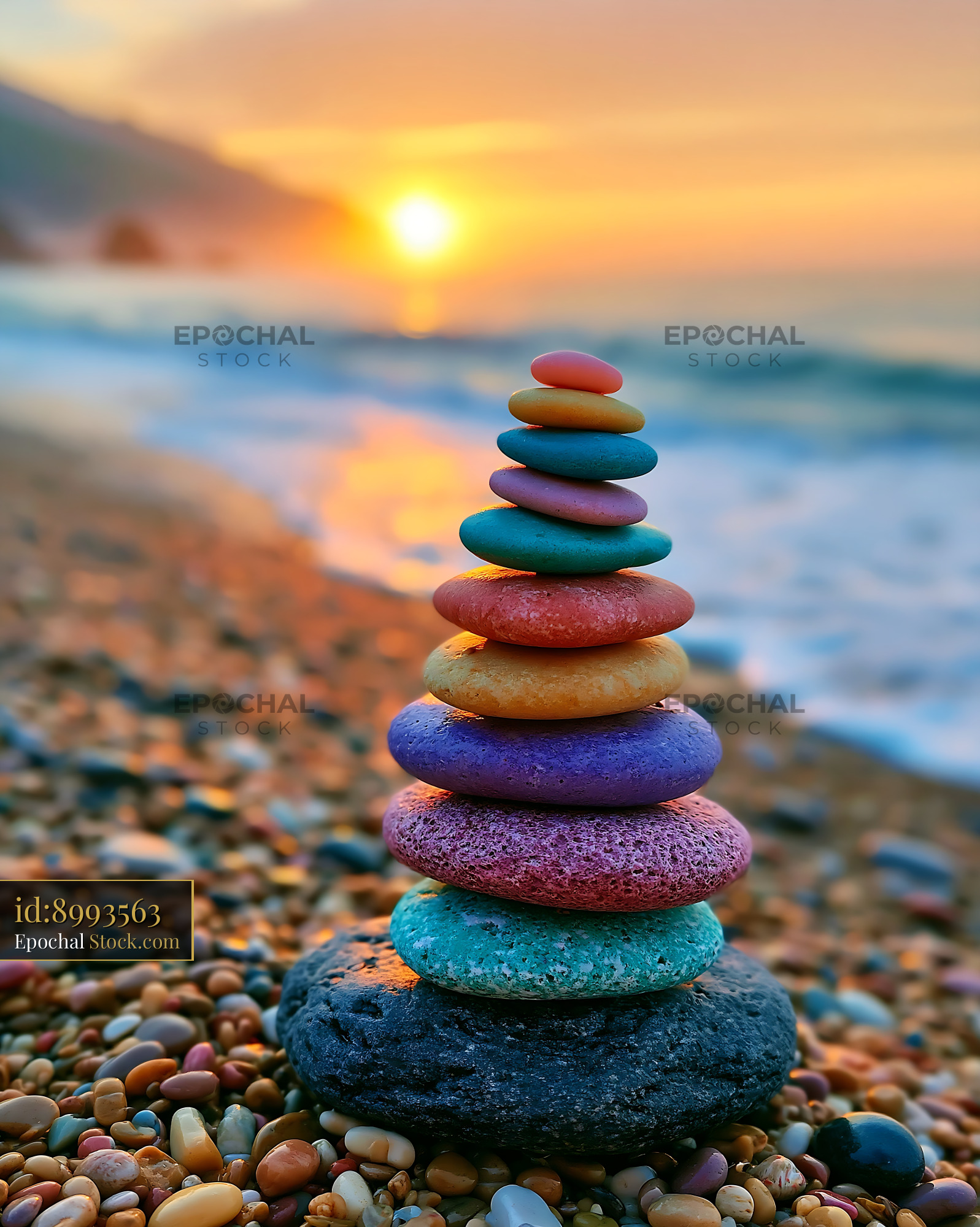 Stack of colorful balanced stones on a pebble beach at sunset - stock photo