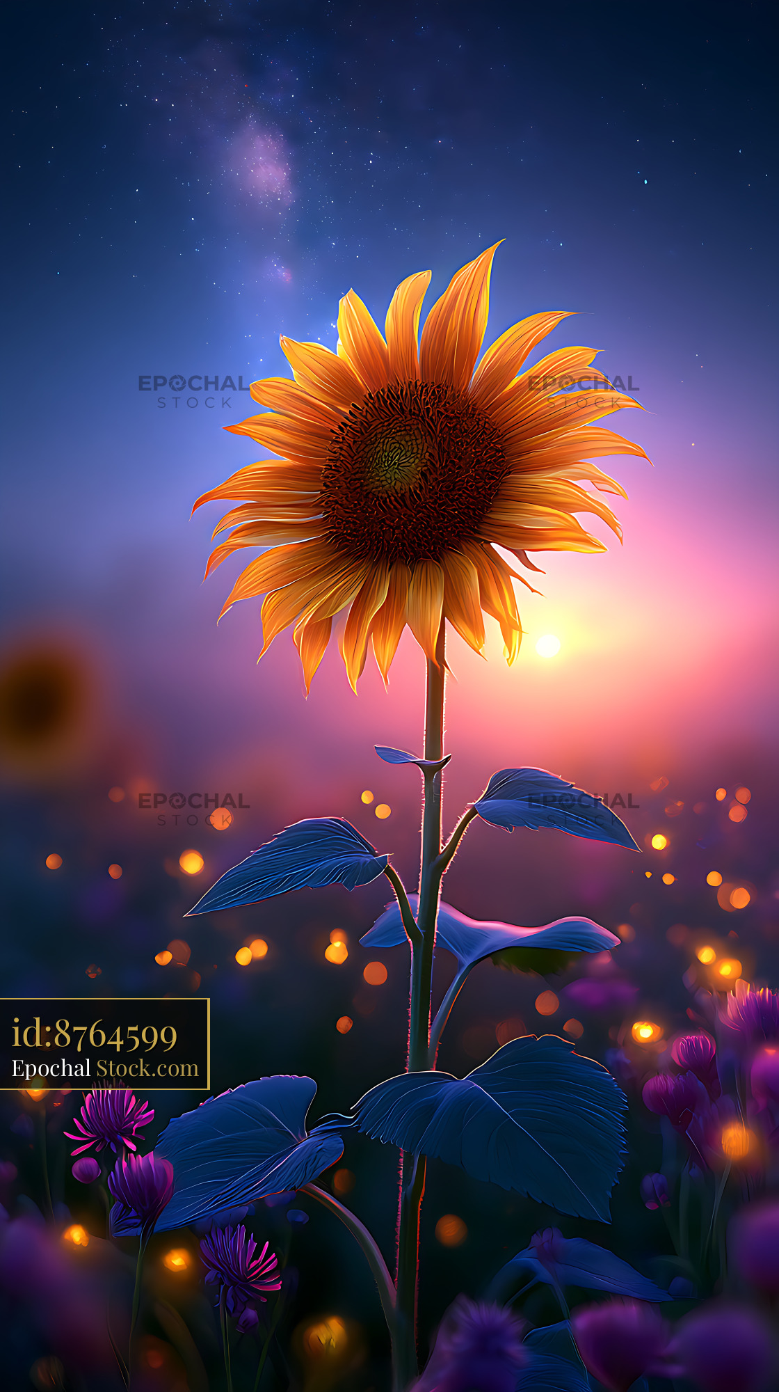 Single sunflower stem under the Milky Way at sunset - stock photo