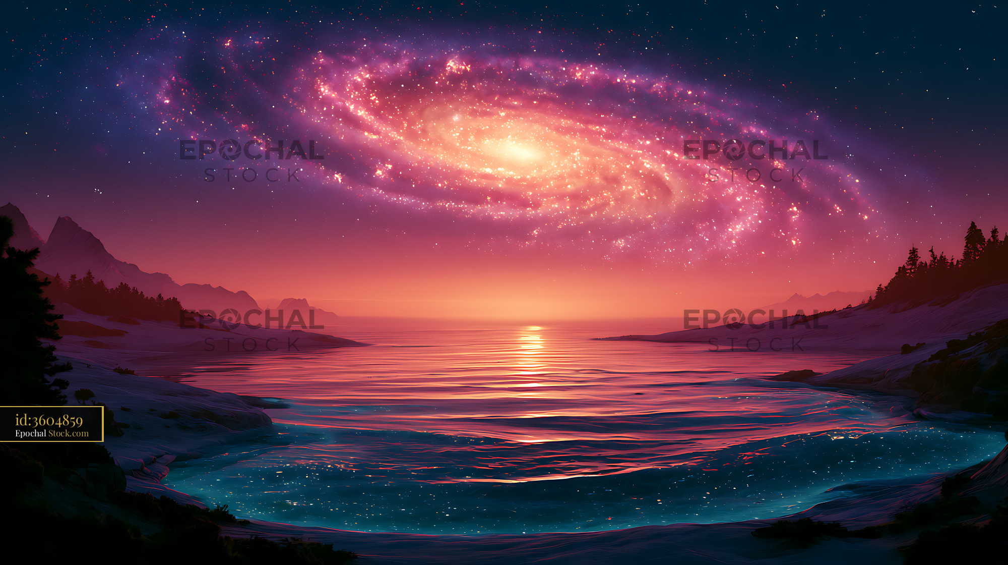 Spiral galaxy glowing over a frozen tundra with water reflection - stock photo