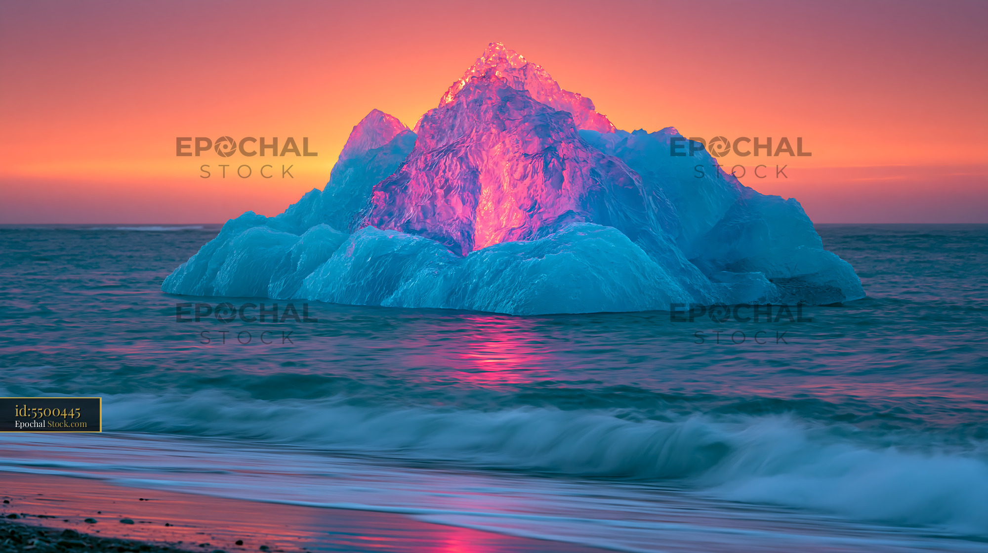 Massive crystalline iceberg at Jokulsarlon beach glowing in sunset - stock photo