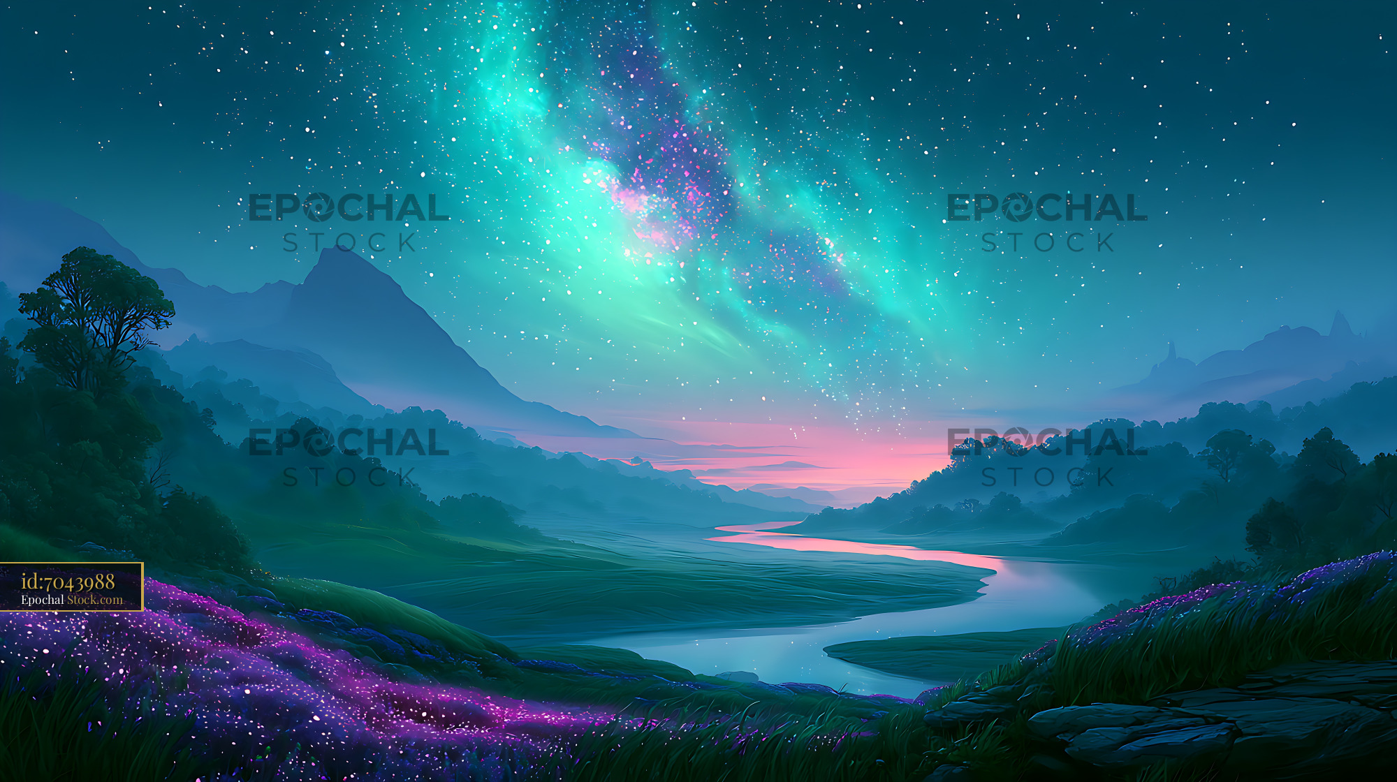 Vibrant galactic core glowing over a winding highland river bend - stock photo