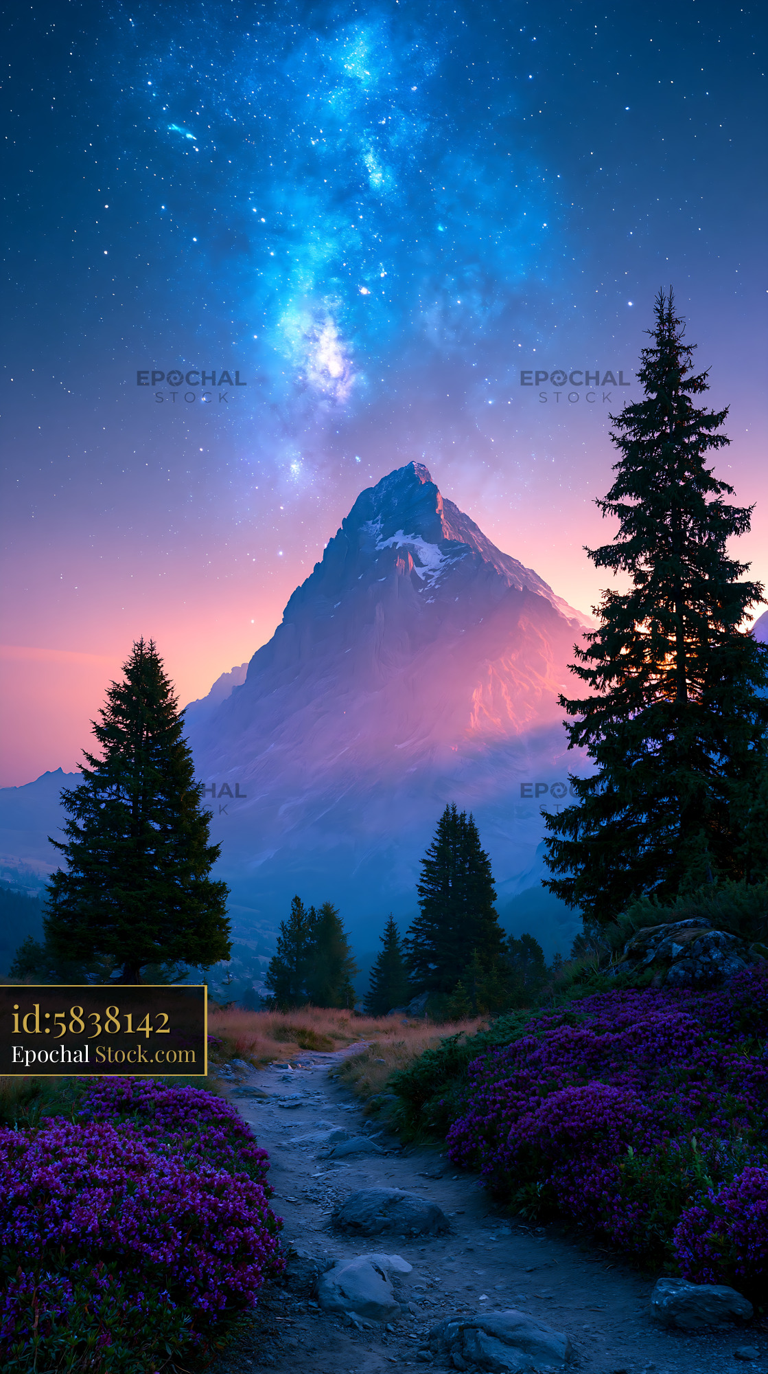 Majestic Matterhorn peak under a starry night sky with wildflowers - stock photo