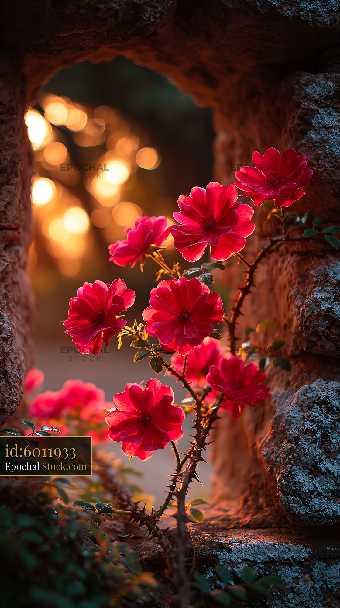 Red roses on a vine growing through an old stone wall archway - stock photo