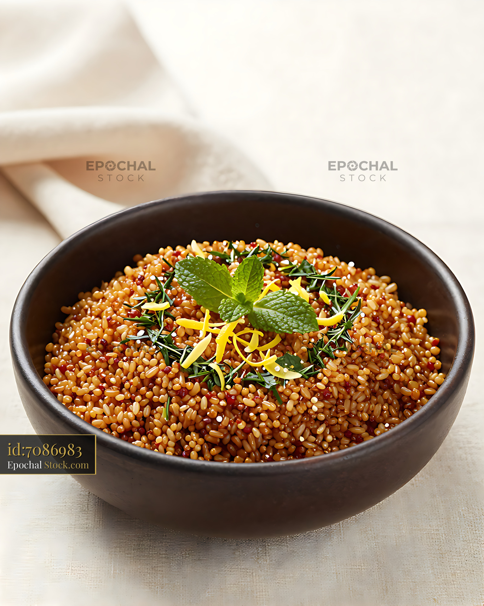 Traditional Armenian tabbouleh eechi in a ceramic bowl with mint - stock photo