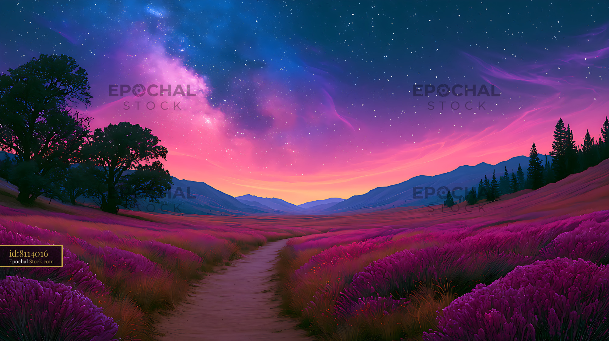 Path through a purple meadow under a vibrant galactic core at night - stock photo