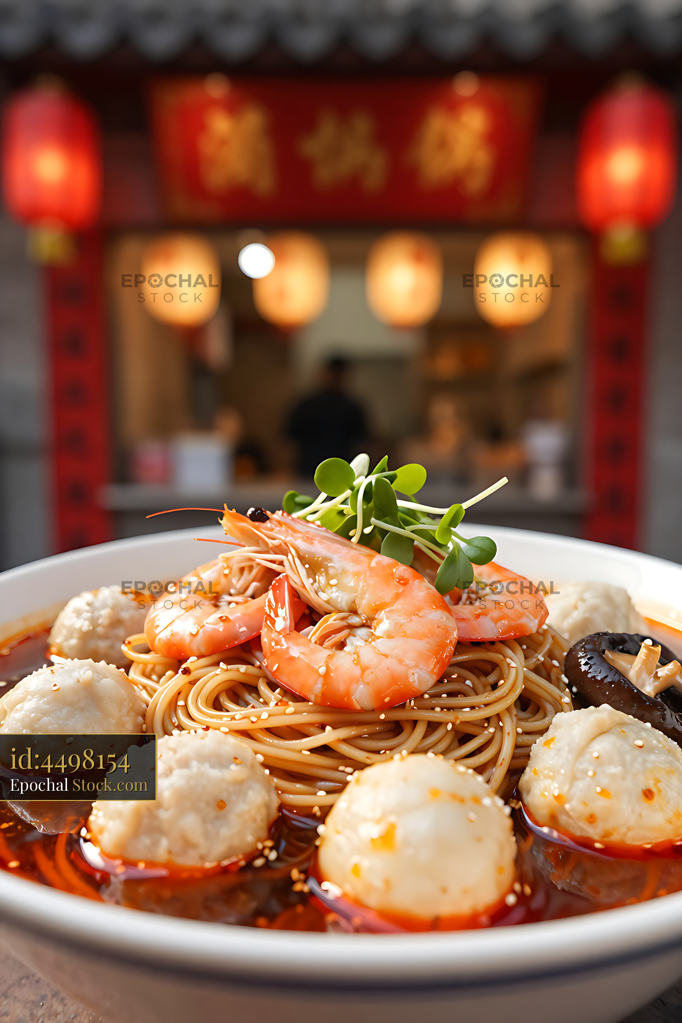 Traditional Hainan Yi Fu Mian with prawns and fish balls in a bowl - stock photo