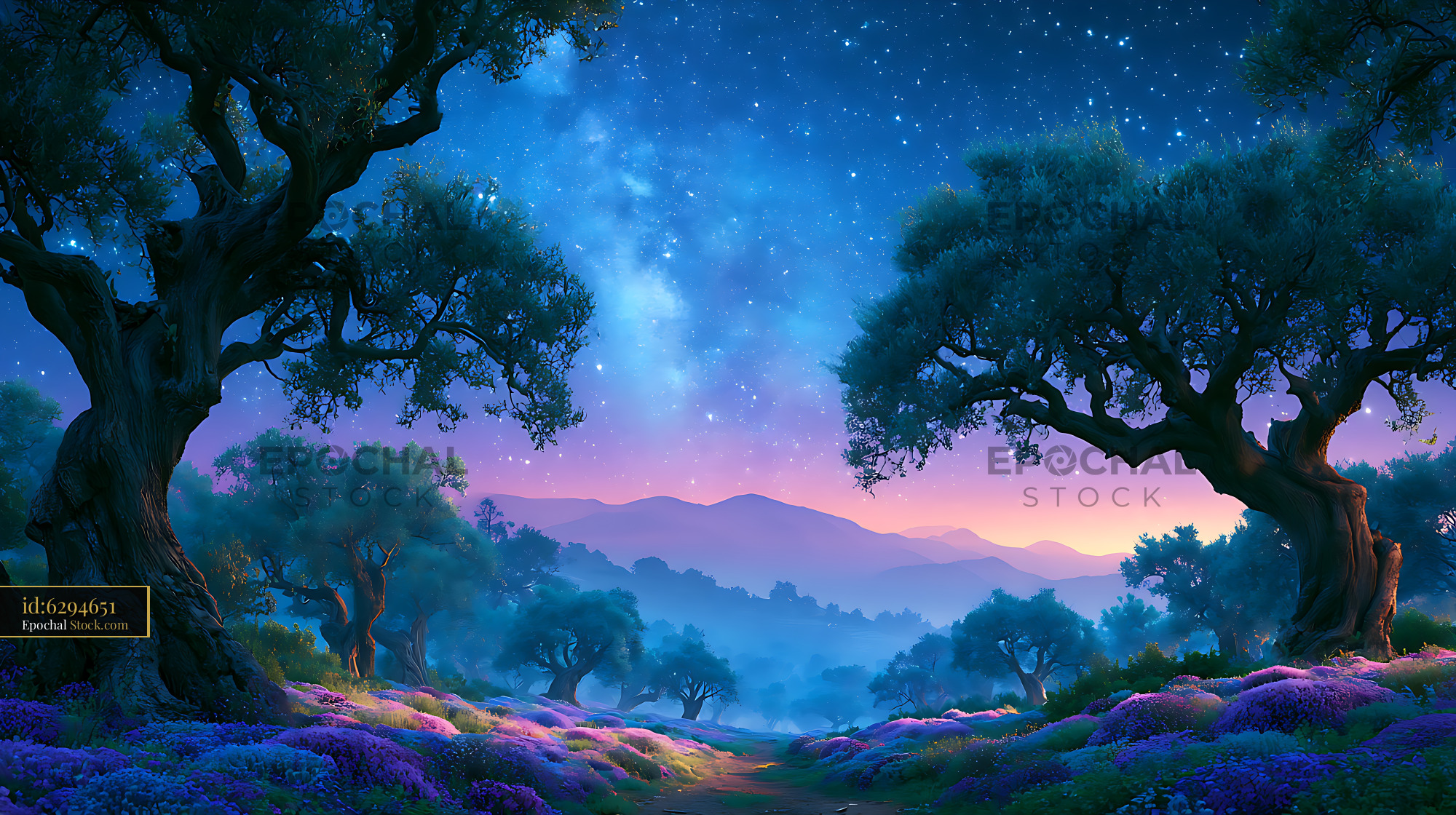 Ancient olive trees under the milky way and a starry night sky - stock photo