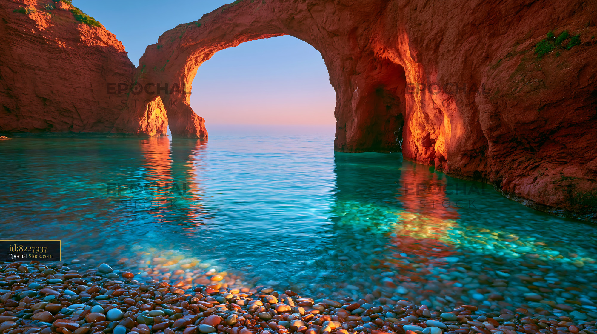 Majestic red arch coast over turquoise water and pebble beach - stock photo