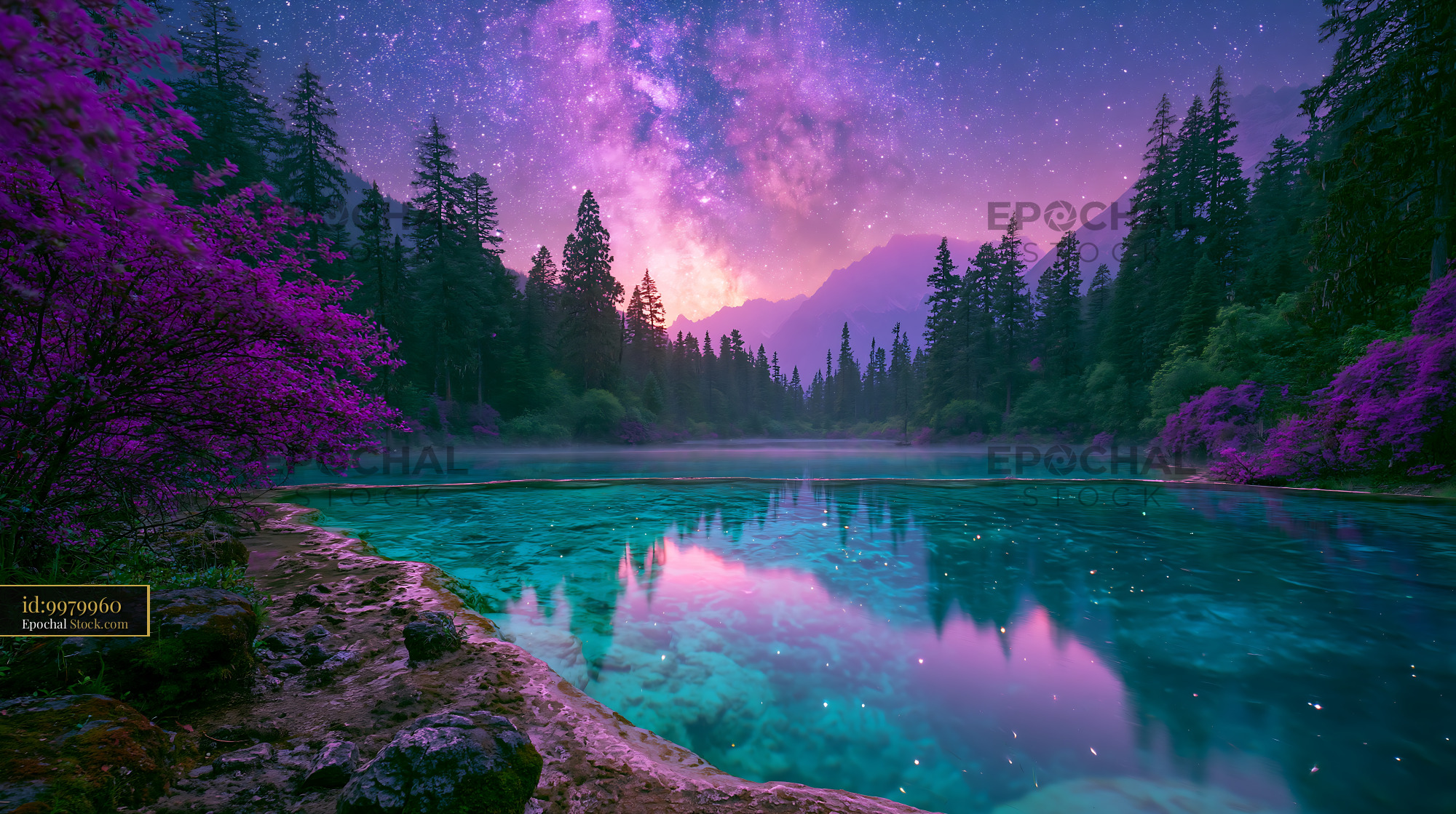Milky Way over turquoise lake at Jiuzhaigou National Park at night - stock photo