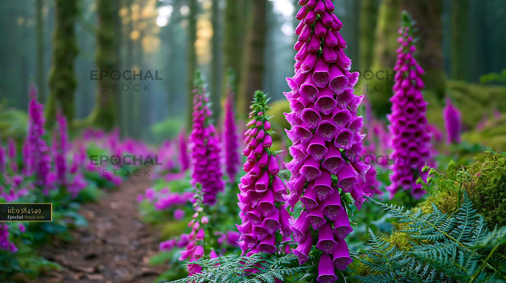 Purple foxgloves blooming along a misty path on a korean azalea hill - stock photo